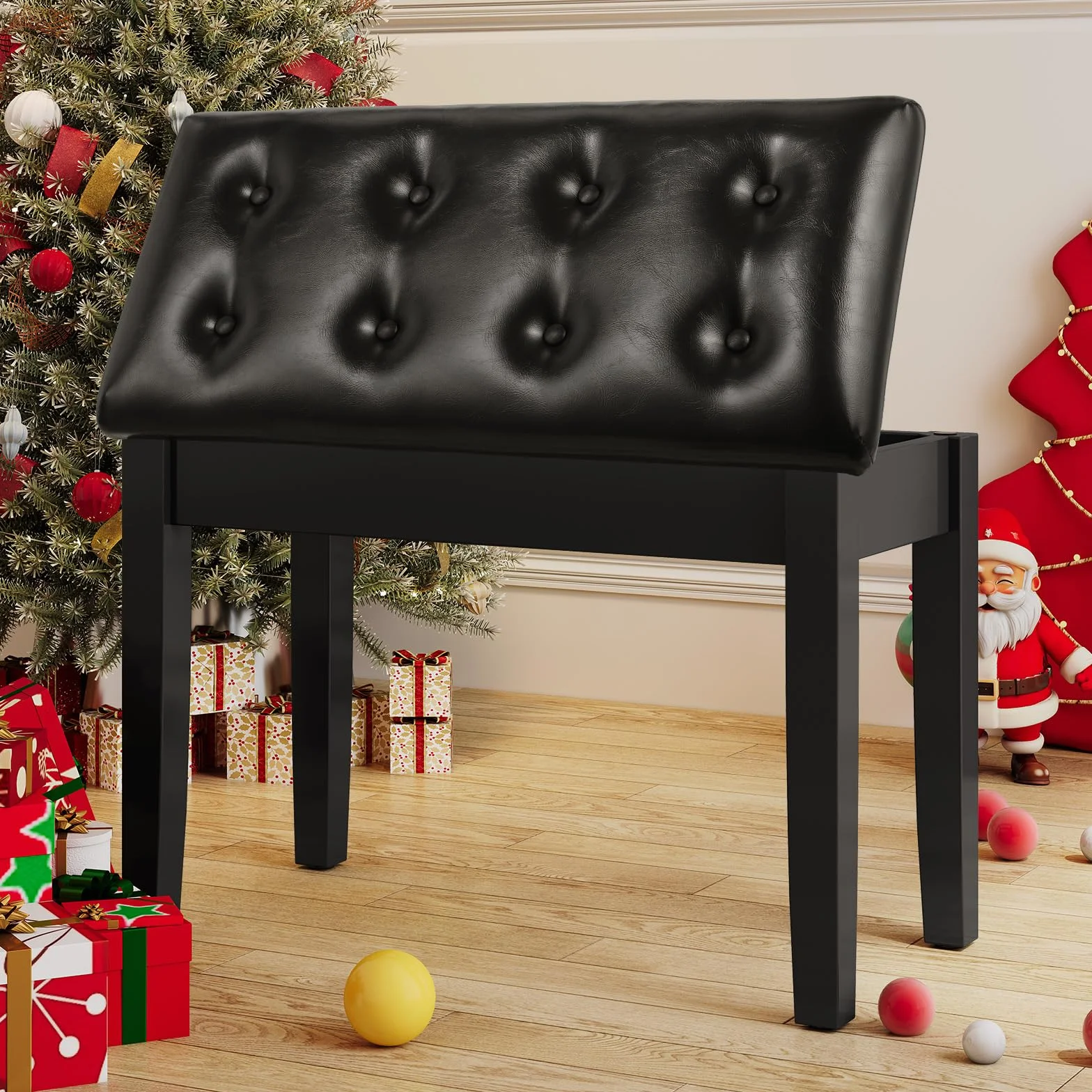 MAMIZO Klavierhocker, Klavierbank 74x35x49CM, Klavierstuhl mit Stauraum, Pianobank mit 4CM Dickes PU-Lederkissen, Massivholz Keyboardbank, Piano Bench, Klavier Hocker bis 200KG Belastbar, Schwarz
