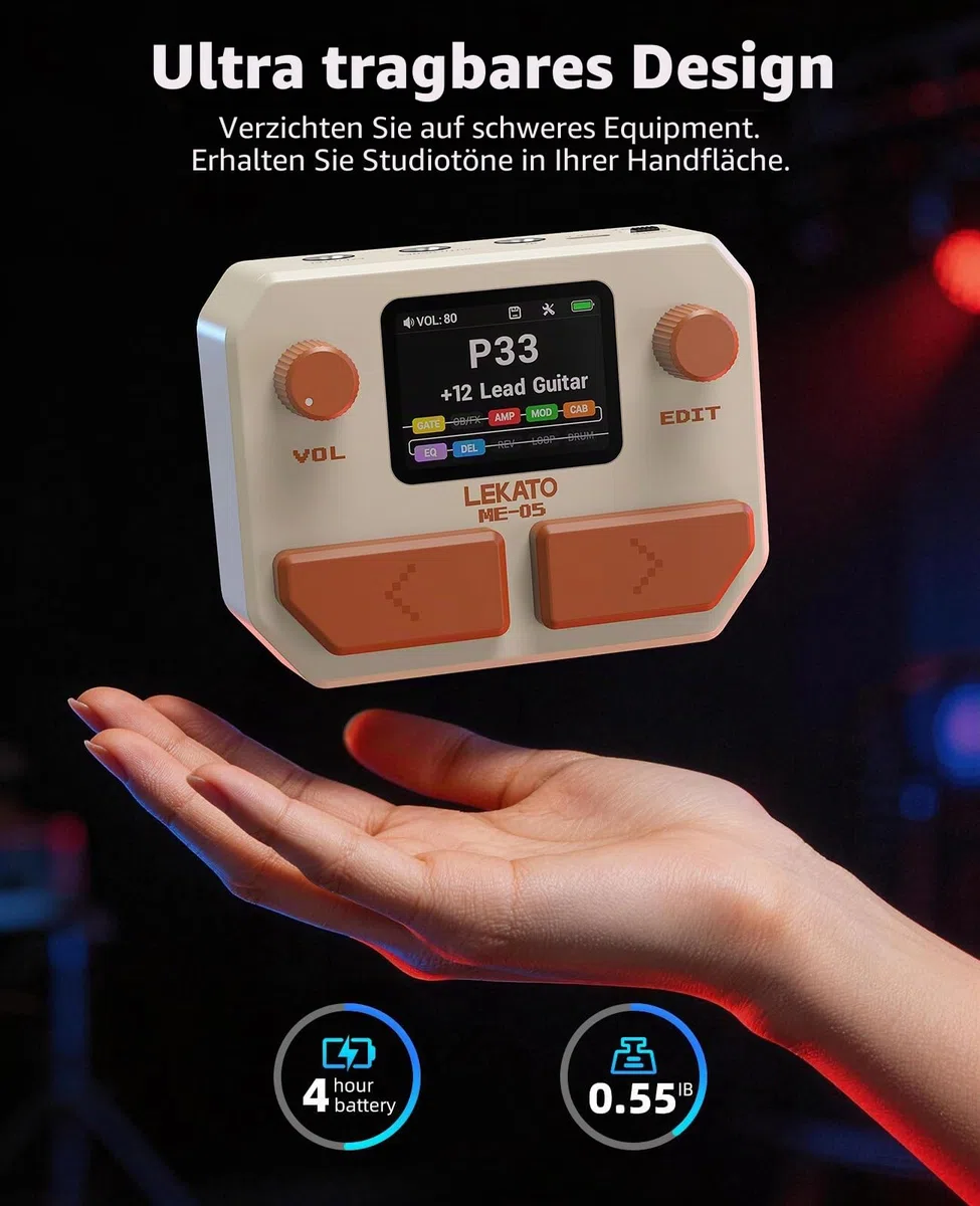 LEKATO Gitarren Effektpedal Multi-Effektprozessor für Gitarre Bass mit 10 Effektmodulen, 99 Presets, 30 Amp/Cabinet Modellen, OTG USB Audio Interface BT, 2" LCD-Display, Weiß