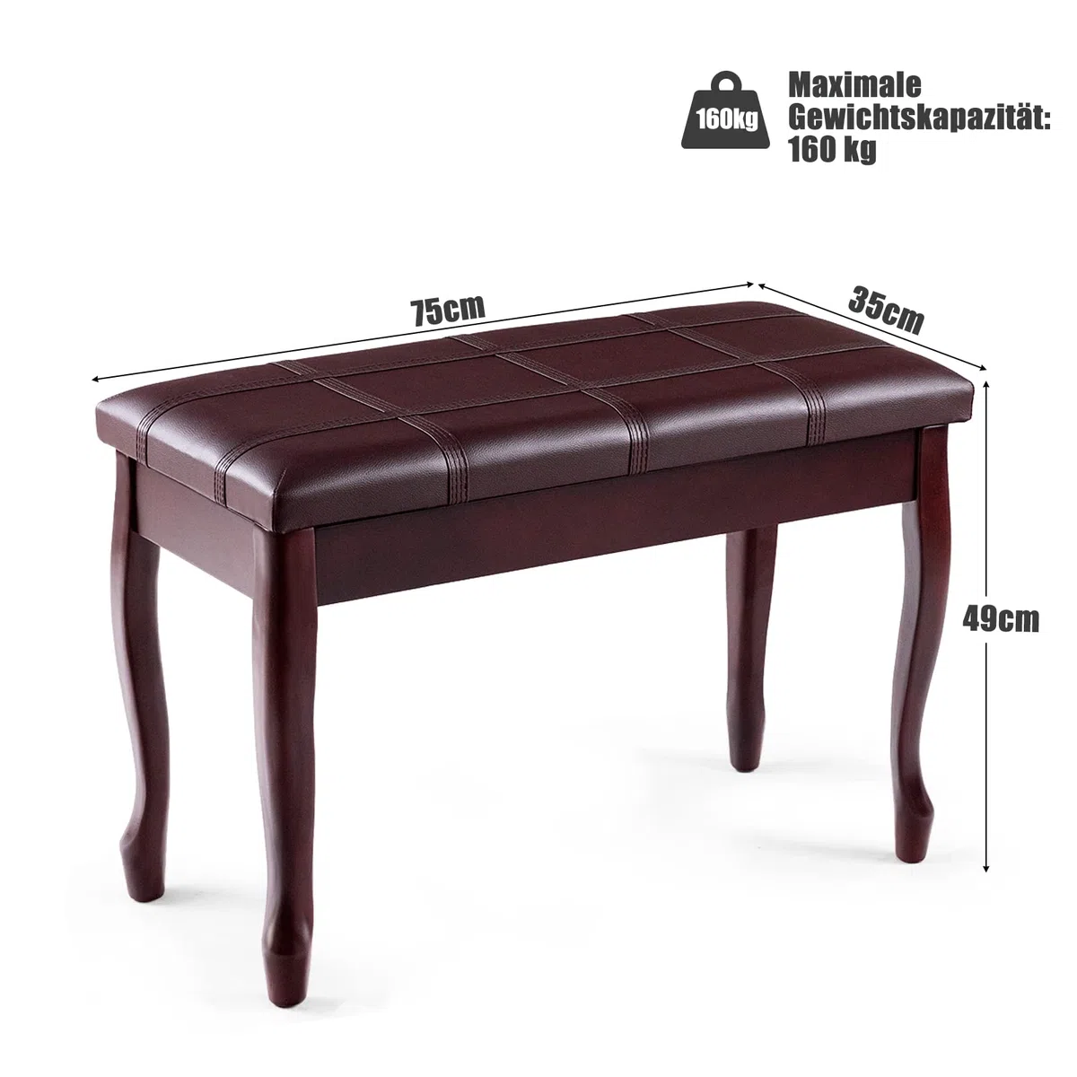 RELAX4LIFE Piano-Bank aus Massivholz, Klavierhocker mit gepolstertem Sitz aus Kunstleder, Klavierbank mit Gebogenem Fuß, 2-Sitzer-Bank mit Ablagefach, bis 160 kg belastbar, 75 x 35 x 49 cm (Braun)