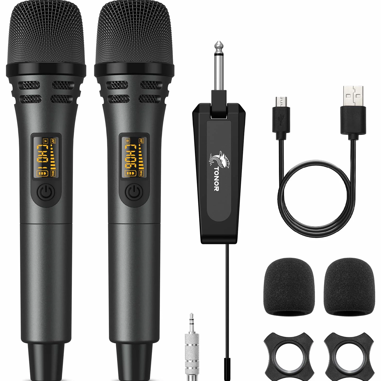TONOR Kabellose Mikrofone, UHF Duales Karaoke Mikrofon Set mit wiederaufladbarem Empfänger, Kabelloses dynamisches Mikrofon, 60 m Mikrofon-Set für Singen, Hochzeiten, Party, Ansprachen TW320 Grau