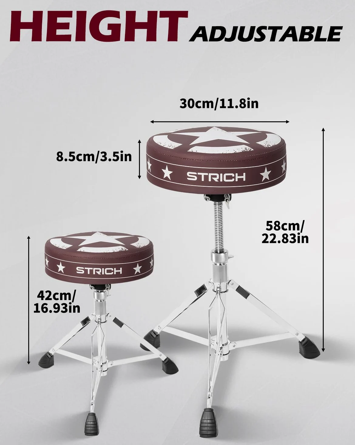 STRICH Drum Throne, höhenverstellbarer gepolsterter Sitz, Drum-Hocker, strapazierfähiger Drehstuhl für Schlagzeuger, ausgefallenes Design, doppelt verstrebter Hocker mit 5A-Drumsticks, SDB-20P, Braun