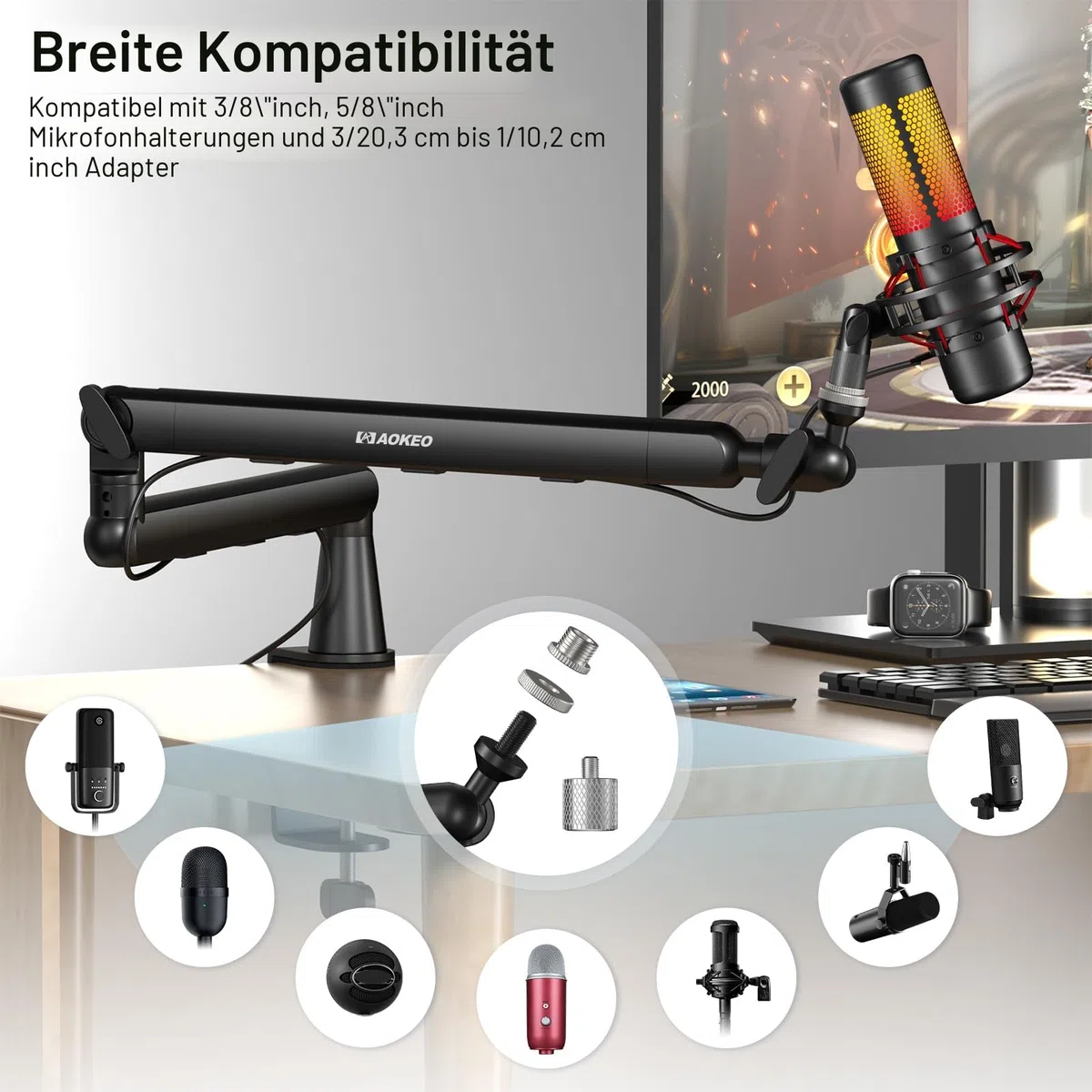 Mikrofon Arm,Aokeo AK-55 Niedriges Profil Mikrofon Ständer Arm für HyperX QuadCast,SoloCast,Elgato Wave,Shure SM7B,Blue Yeti,Blue Snowball,Broadcast,Studio Programm Aufnahme