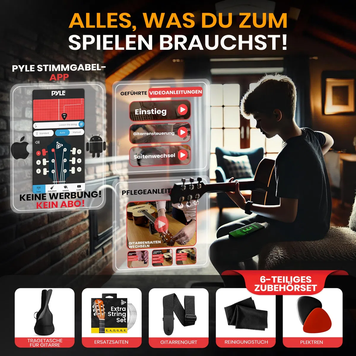 Pyle Akustik Gitarre Kinder ab 8 Jahre – Acoustic Guitar, Kinder Gitarre 3/4 Anfänger & Fortgeschrittene, Konzertgitarre 3/4 mit Gitarren Set & Tasche, Kindergitarre