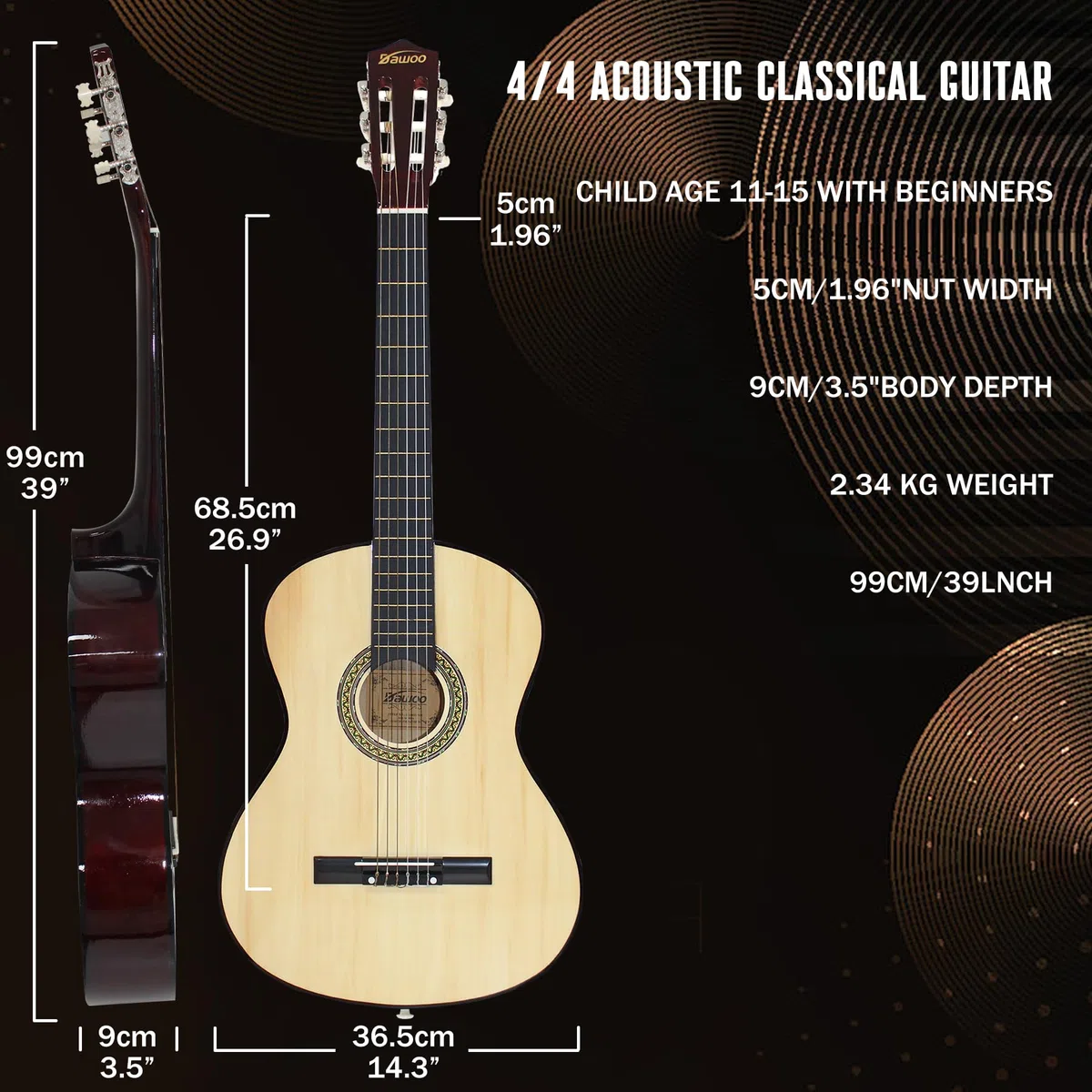 Dawoo Klassisches Gitarren Starter Set (komplettes Anfängerset mit Akustikgitarre, Gigbag, Ersatzsaiten, Plektren und Pitchpipe) (39 Zoll)