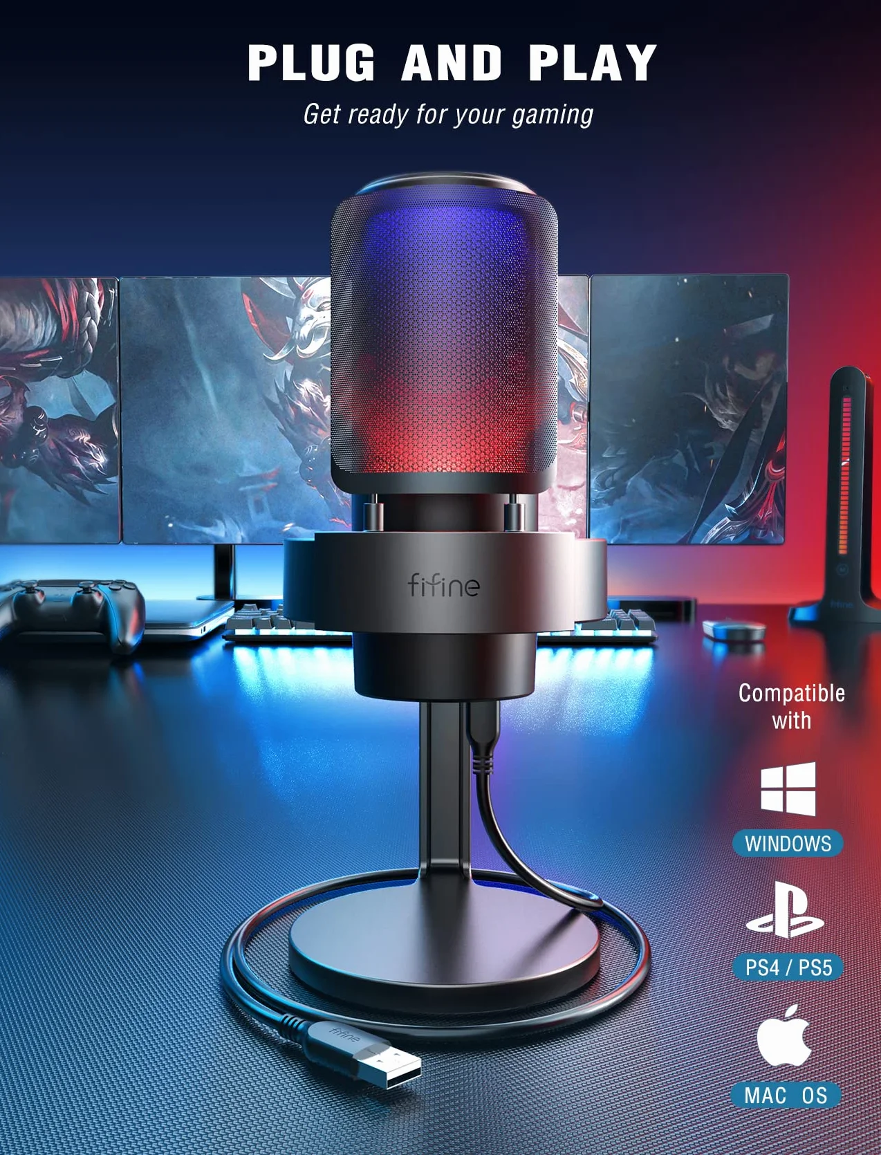FIFINE USB Mikrofon PC, Gaming Mikrofon für Streaming Podcast Studio, Microphone USBC für PS4 PS5 MAC mit RGB-Steuerung, Stummschalter, Kopfhöreranschluss, Popfilter