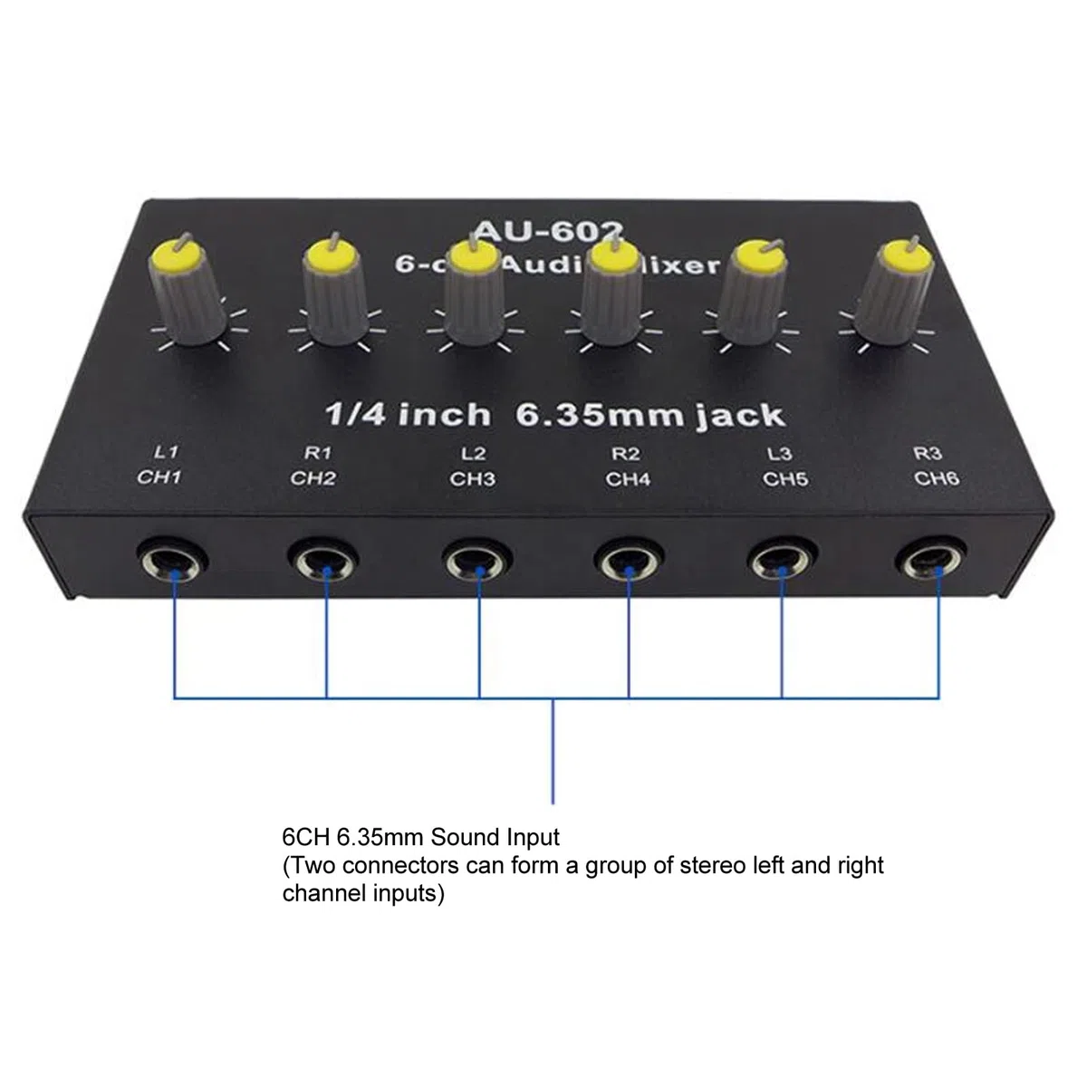 Audio-Mixer, 6 Mono-Kanäle, 3 Stereo-Kanäle, Rauscharmer 6,5-mm-Eingang/Ausgang, Line-Stereo-Sound-Mixer, für Gitarren, Bass, Keyboards, Mikrofon