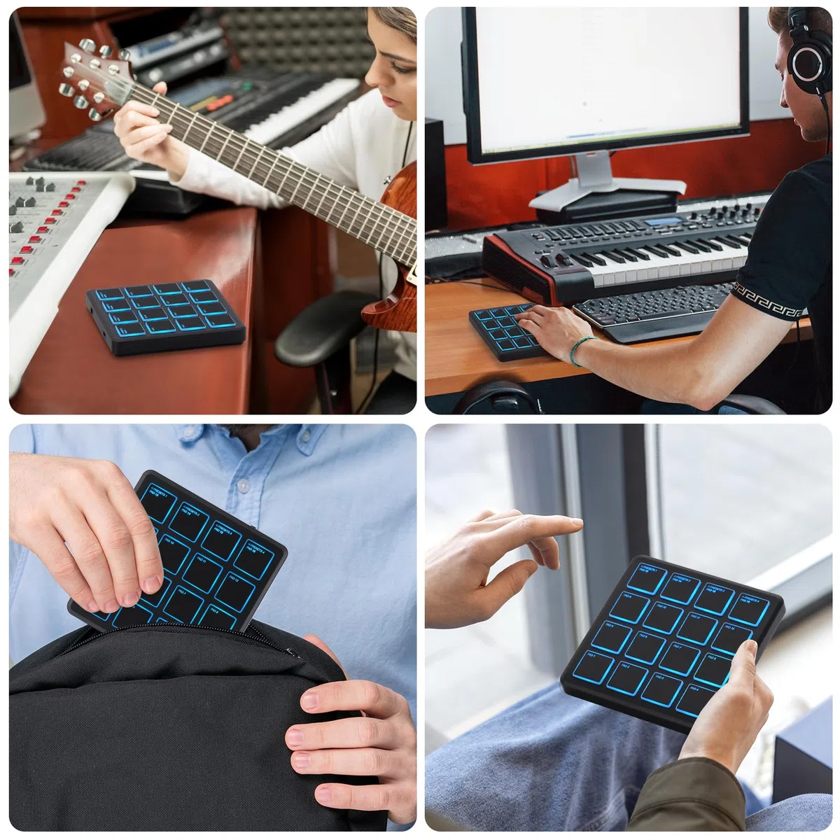 M-WAVE Kabellose MIDI-Controller-Pads, 10,4 x 10,4 cm, 0,1 kg, Bluetooth, tragbarer USB-MIDI-Controller mit 16 MPC-Drum-Pads, Notenwiederholung, volle Level-Tasten, wiederaufladbarer Akku (schwarze