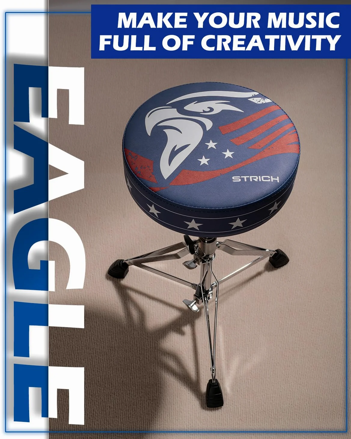 STRICH Drum Throne, höhenverstellbarer gepolsterter Sitz, Drum-Hocker, strapazierfähiger Drehstuhl für Schlagzeuger, ausgefallenes Design, doppelt verstrebter Hocker mit 5A-Drumsticks, SDB-20P, Blau