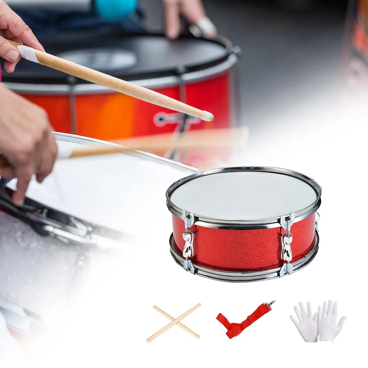 Snare Drum Set mit 11 Zoll Durchmesser für Anfänger Trommel Musikinstrument mit Drumsticks Schultergurt Und Handschuhen Aus Edelstahl für Musikunterri, Rot