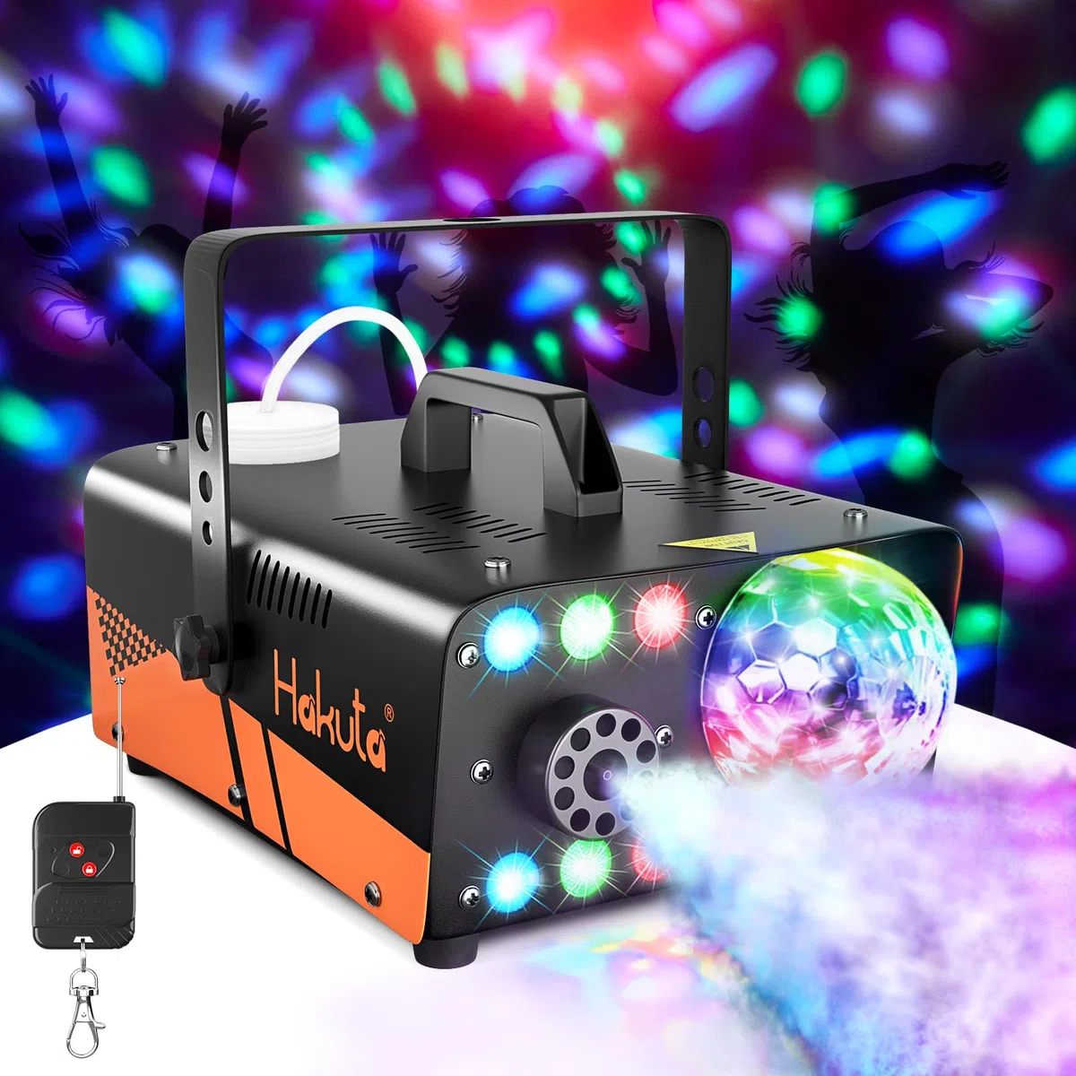 Nebelmaschine, HAKUTA 600 W Fog Machine mit Discokugel und LED RGB Lichtern, 2300 CFM Spray mit Automatischer Sprühfunktion, Ideal für Halloween, Weihnachten, Hochzeit, Bühnenperformance und Partys