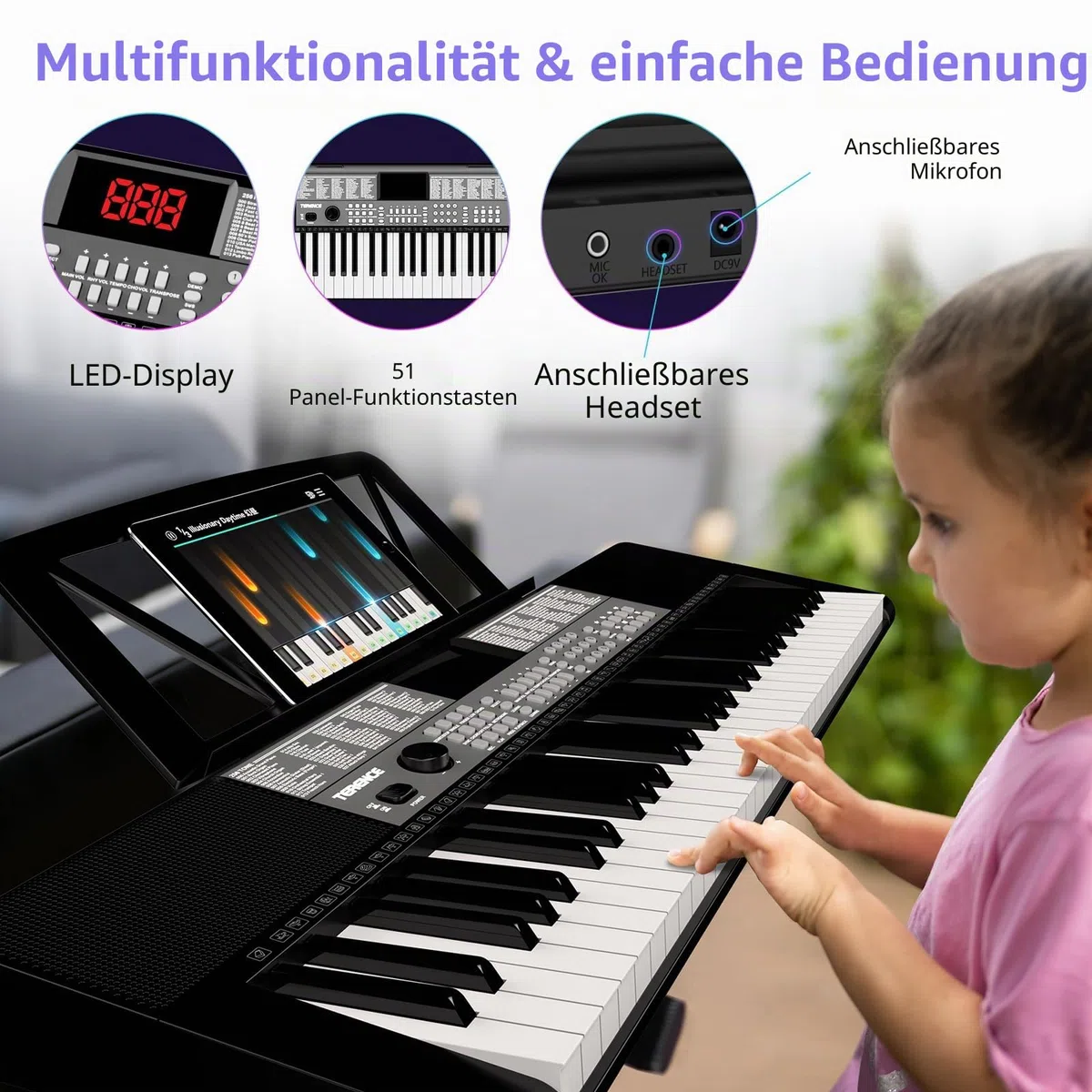TERENCE Keyboard Piano 61 Tasten Duale HiFi-Lautsprecher e Piano mit 51 Funktionstasten LED-Anzeige Duale Tastatur 2 Stromoptionen Digital Piano Unterstützung für Headset und Mikrofon