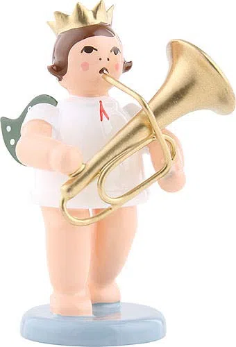 Engel mit Krone und Tuba - 6,5 cm - grüne Flügel - Weihnachtsengel Erzgebirge