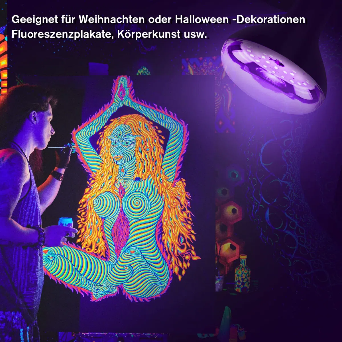 2er E27 15W UV Schwarzlicht Glühbirne, Black Light Bulb 385-400nm UVA Schwarzlichtlampe Beleuchtung,Partylicht Neonfarben für Halloween Party Disco Club Bar Körperkuns