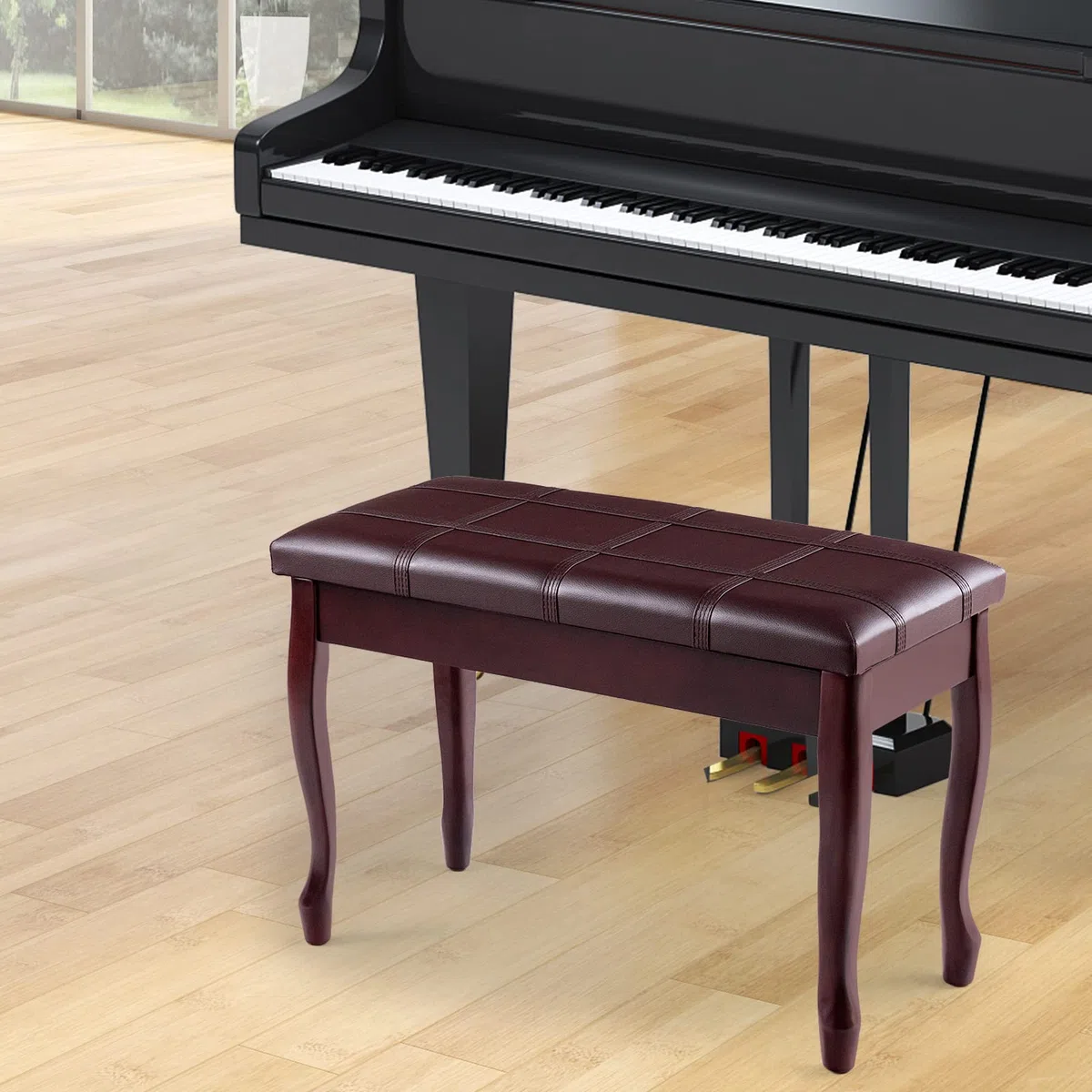 RELAX4LIFE Piano-Bank aus Massivholz, Klavierhocker mit gepolstertem Sitz aus Kunstleder, Klavierbank mit Gebogenem Fuß, 2-Sitzer-Bank mit Ablagefach, bis 160 kg belastbar, 75 x 35 x 49 cm (Braun)