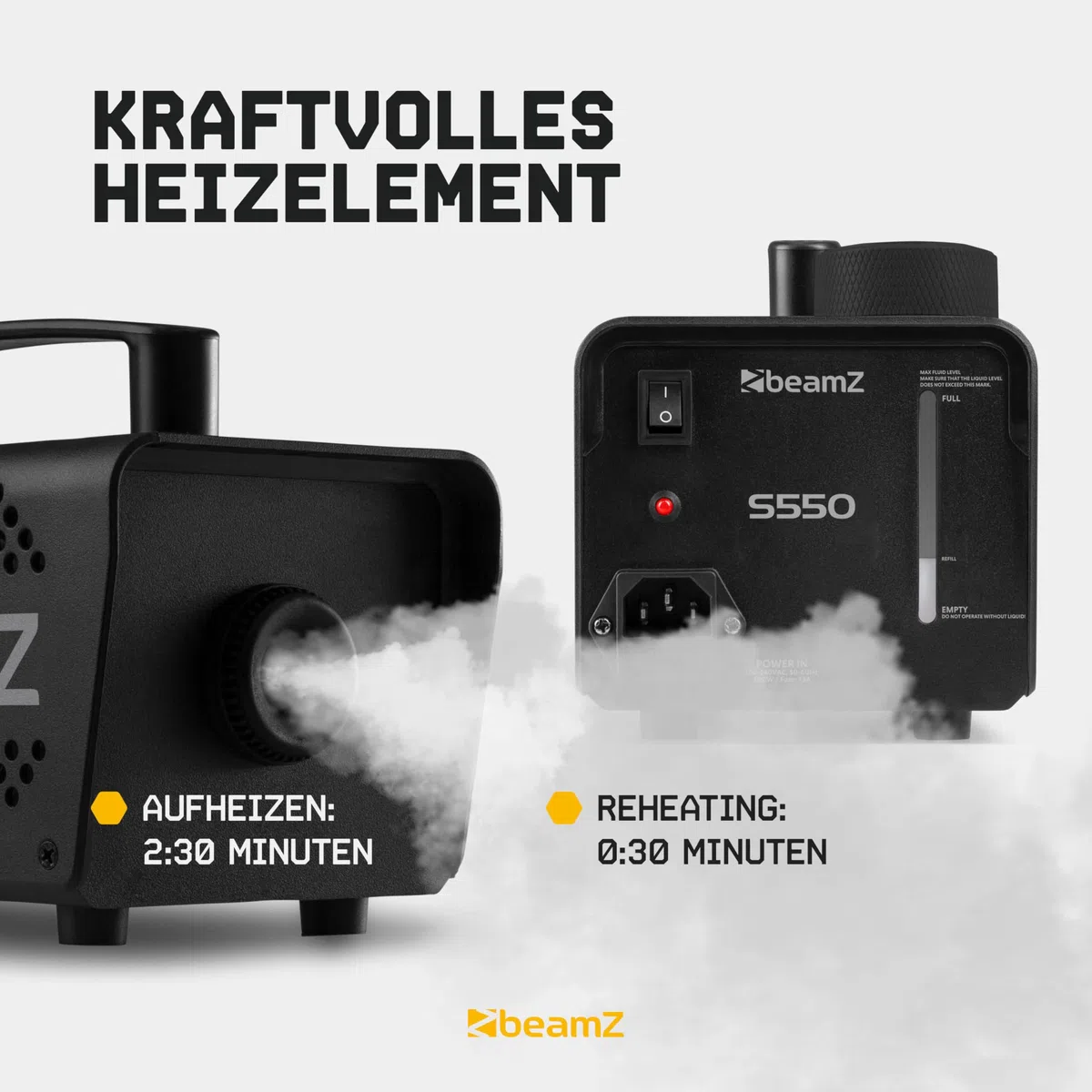 BeamZ S550 Nebelmaschine Mini mit Funk-Fernbedienung, inkl. 5 Liter Nebelfluid, 550 Watt Mini Rauchmaschine, Nebelmaschine Halloween, Fog Machine, Fogger, Smoke Machine für Partys, DJs, Hochzeiten