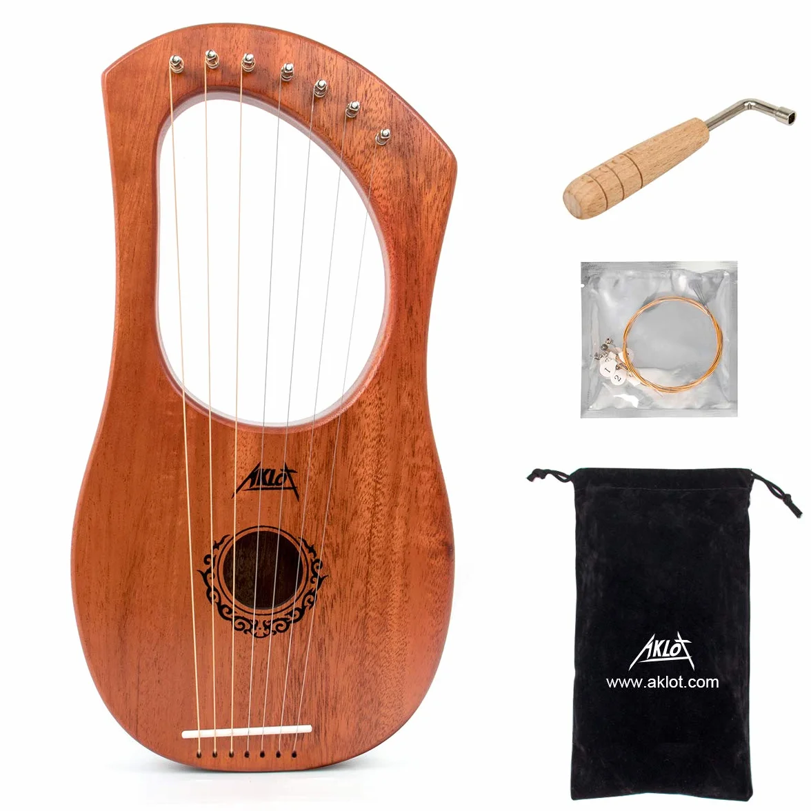 AKLOT Lyre Harfe,7 Metallsaiten Knochen Sattel Mahagoni Lauge Harfen mit Stimmschlüssel und schwarzer Gigbag