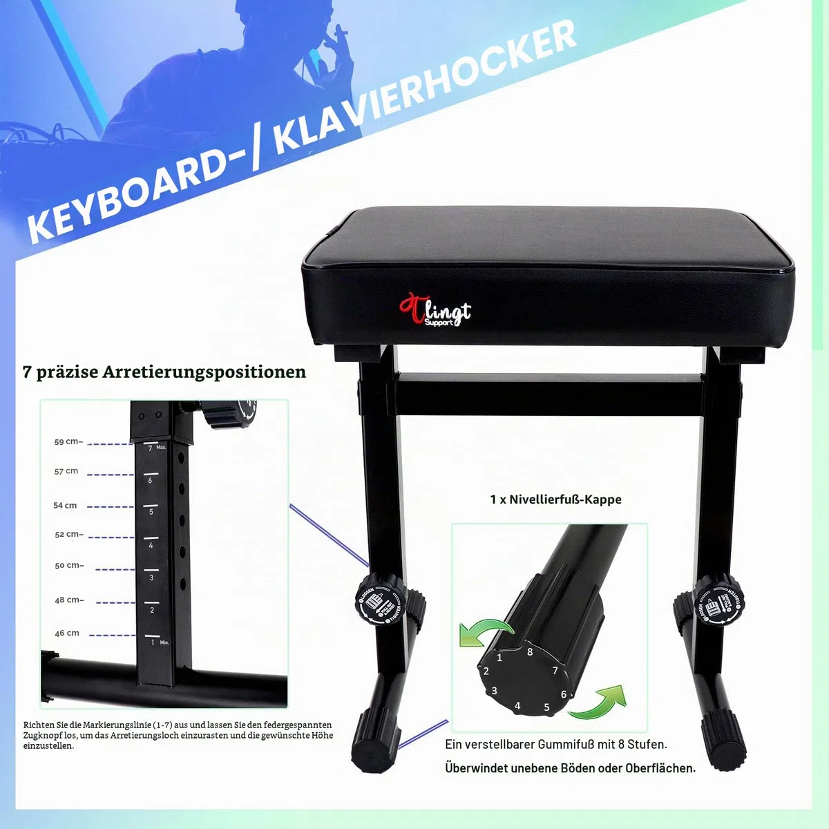 Klavier - & Keyboardhocker – mit Komfort-Polstersitz für langanhaltenden Spielkomfort, höhenverstellbar (46–59 cm) / Schwarz