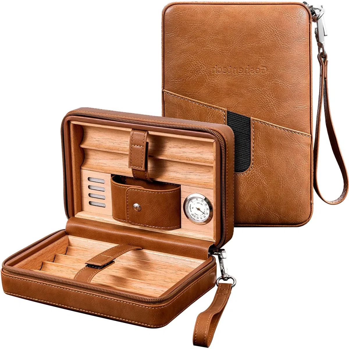 Leder-Zedernholzkoffer, Reisebox mit Hygrometer, Kapazität: 6 Stück, Zugverstärker-Werkzeug, Geschenke für Männer (Braun)