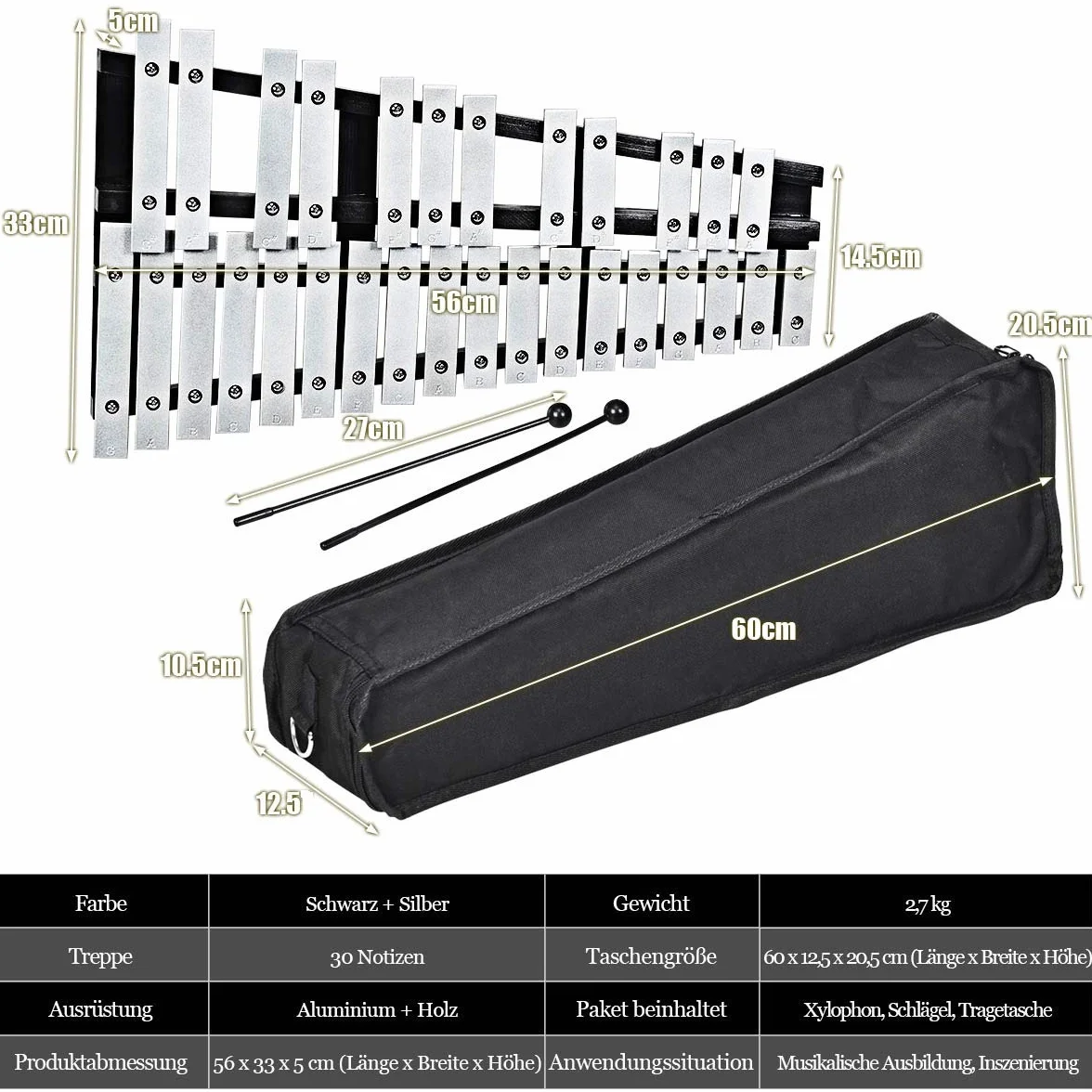 COSTWAY 30 Noten Xylophon Glockenspiel, mit 2 Schlägeln & Tragetasche, Musikinstrument Holz Aluminum, Percussion Geeignet für Kinder und Erwachsene, Weiß+Schwarz