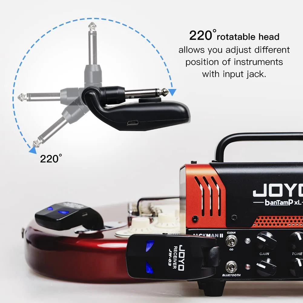 JOYO 2,4 GHz Wireless Guitar System 4 Kanäle Wiederaufladbarer Audio Wireless Transmitter Receiver für Gitarre Bass Elektrische Instrumente (JW-03)