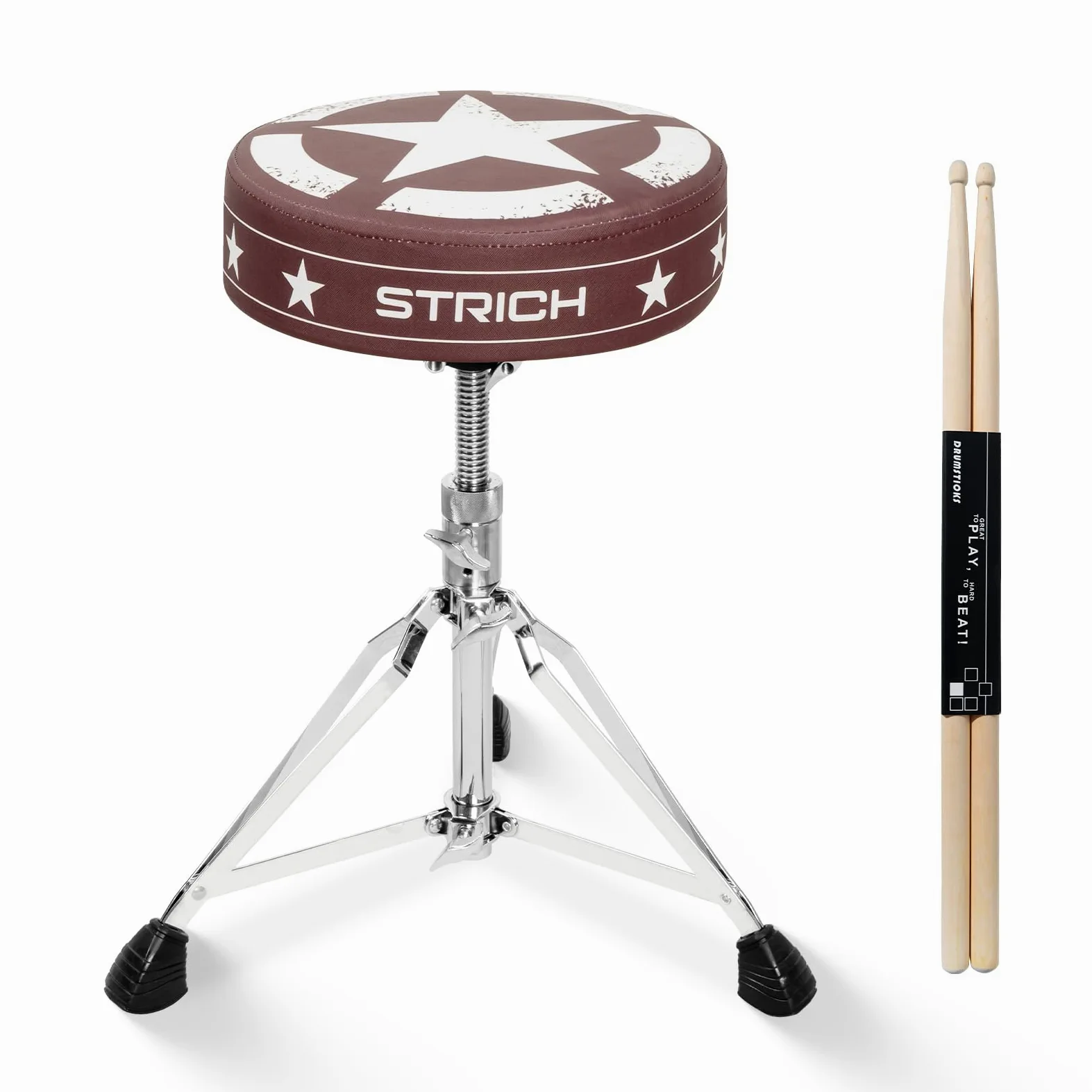STRICH Drum Throne, höhenverstellbarer gepolsterter Sitz, Drum-Hocker, strapazierfähiger Drehstuhl für Schlagzeuger, ausgefallenes Design, doppelt verstrebter Hocker mit 5A-Drumsticks, SDB-20P, Braun