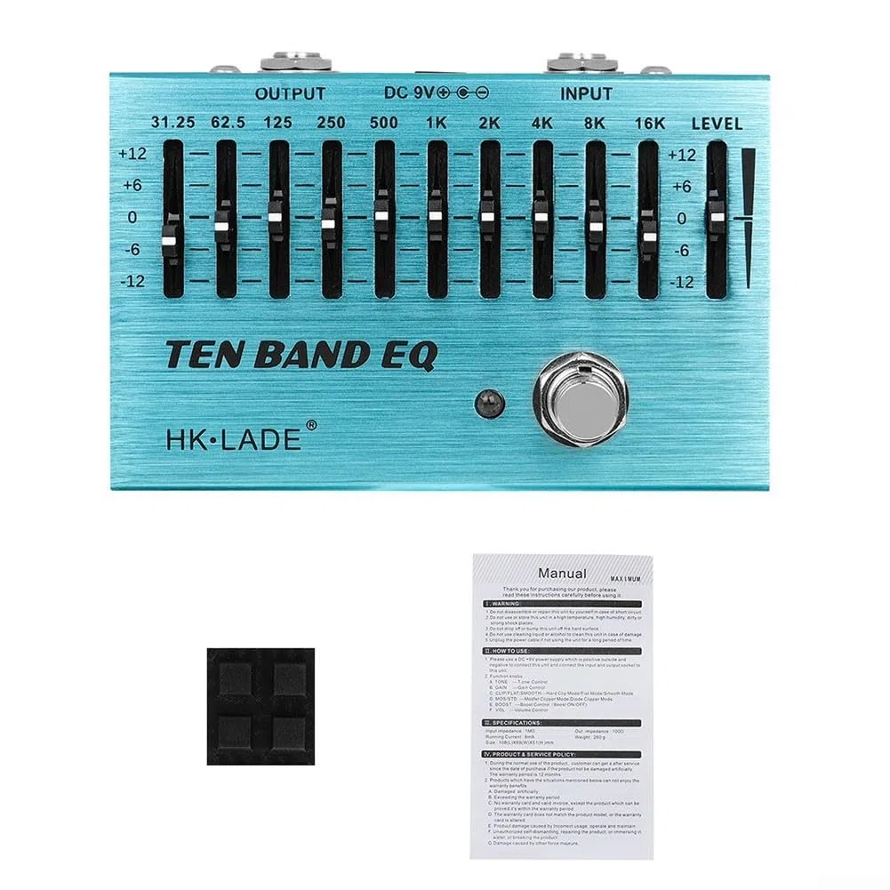 10-Band Equalizer Gitarre Effektpedal, True Bypass Einstellbares EQ Pedal für 4 oder 5 Saiten Bass Gitarren und 6 oder 7 Saiten E-Gitarren