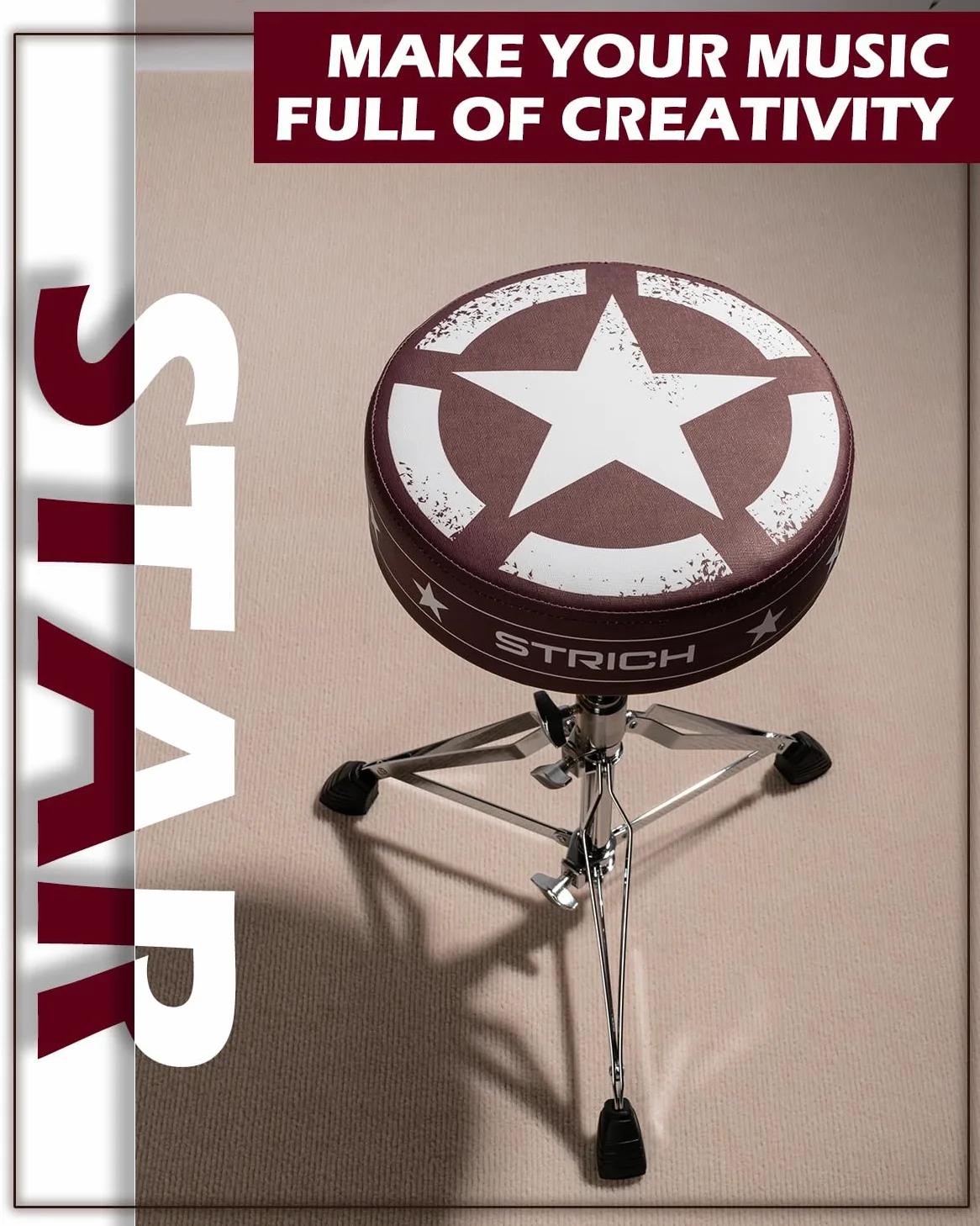 STRICH Drum Throne, höhenverstellbarer gepolsterter Sitz, Drum-Hocker, strapazierfähiger Drehstuhl für Schlagzeuger, ausgefallenes Design, doppelt verstrebter Hocker mit 5A-Drumsticks, SDB-20P, Braun