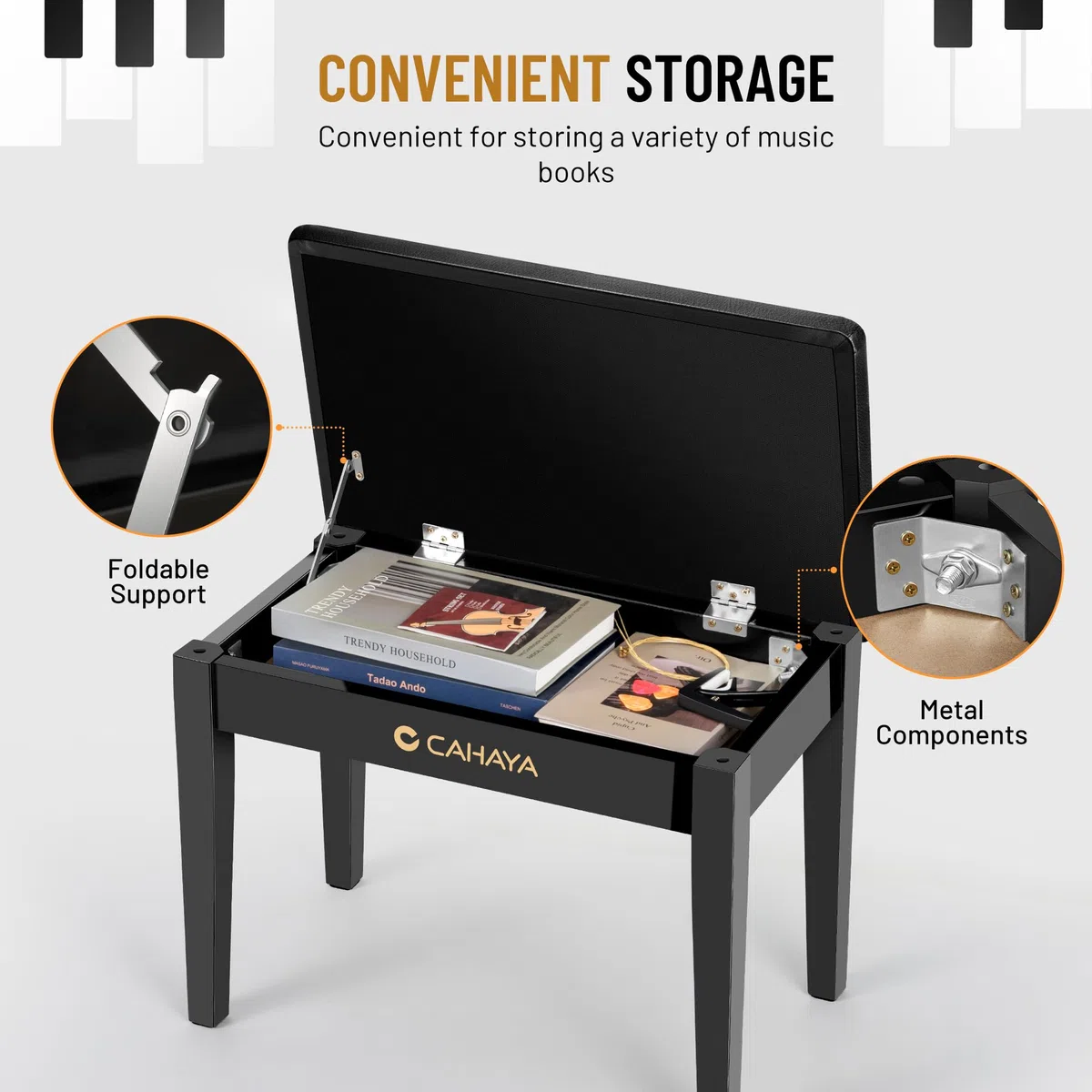 CAHAYA Multifunktional Pianobank mit Stauraum Massivholz: 56 * 34cm PU Leder Gepolsterter Klavierhocker mit Ablagefach - Tragfähigkeit 150 kg Schwarz CY000397