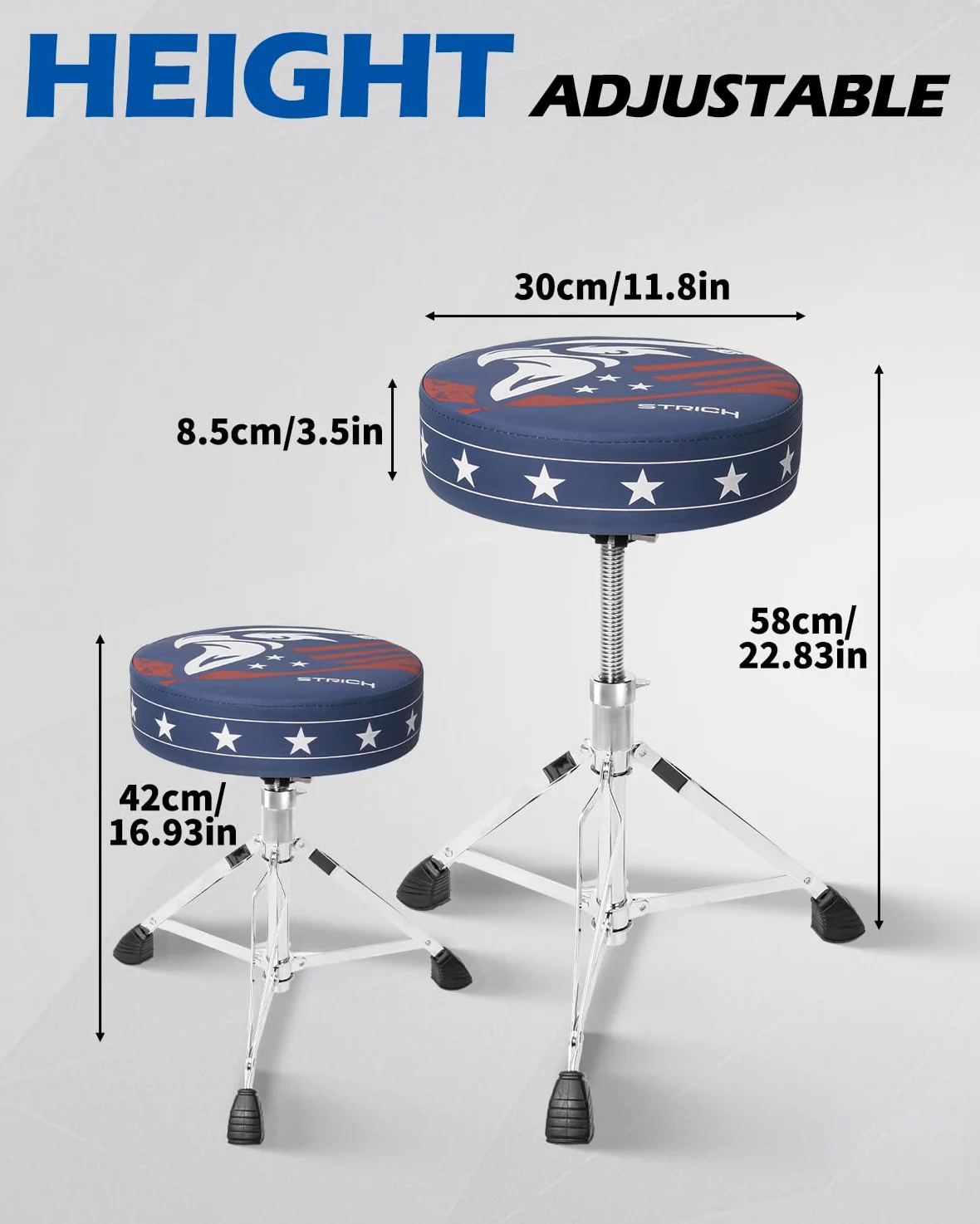 STRICH Drum Throne, höhenverstellbarer gepolsterter Sitz, Drum-Hocker, strapazierfähiger Drehstuhl für Schlagzeuger, ausgefallenes Design, doppelt verstrebter Hocker mit 5A-Drumsticks, SDB-20P, Blau