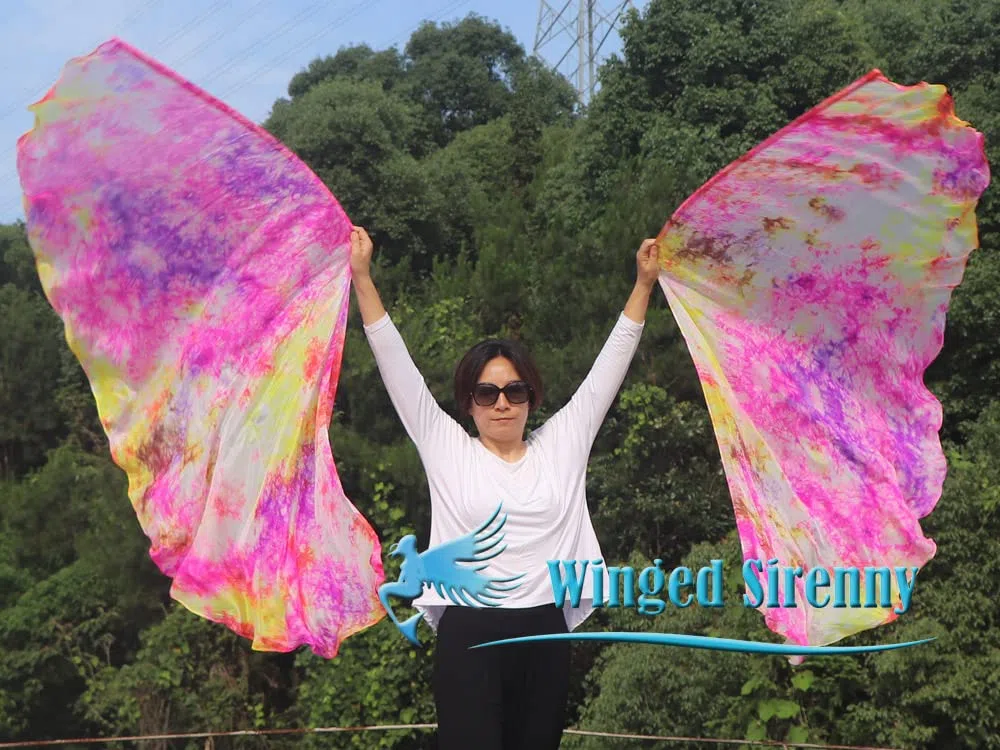 Winged Sirenny Leichte Halbkreis Seiden Tanzflügel mit Flexiblen Tragestangen, Handbemalte Isis Engel Flügel für Bauchtanz, Anbetung, Bühnenauftritte, 1 Paar (2 Stück), 89 x 180 cm