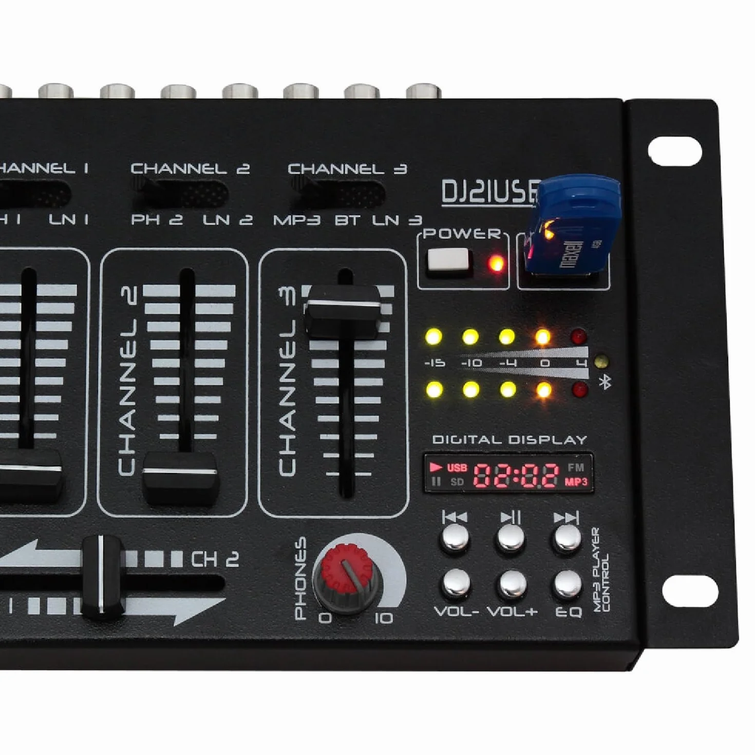 Ibiza - DJ21USB-BT - 4-Wege/7-Kanal-Mixer mit verschiedenen Eingängen - Bluetooth und USB - Schwarz