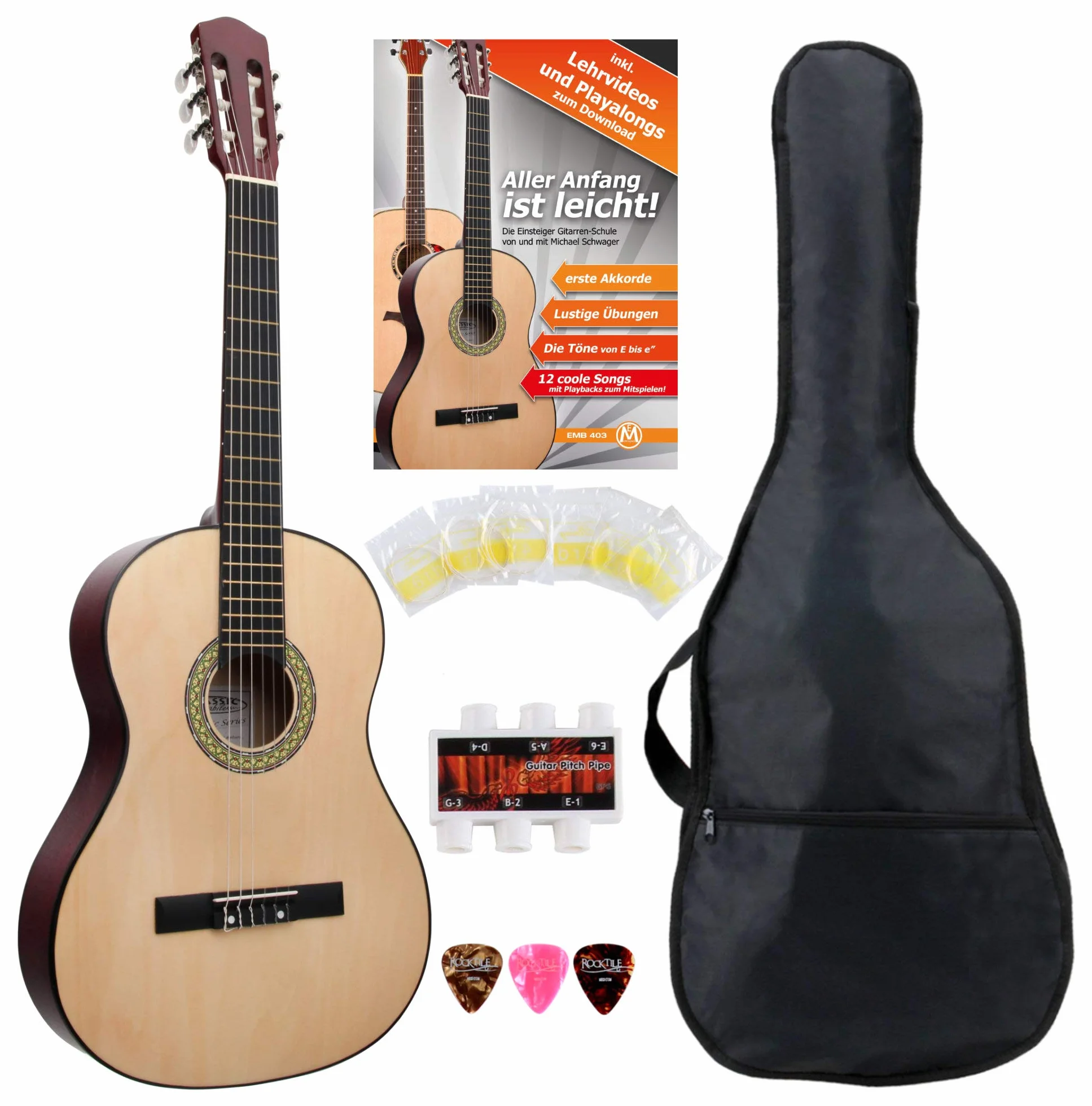 Classic Cantabile AS-851 4/4 Konzertgitarre Starter Set (Komplettes Anfänger Set mit Klassik Gitarre, Gigbag Tasche, Nylonsaiten, Lehrbuch/Schule, 3x Plektren und Stimmpfeife)