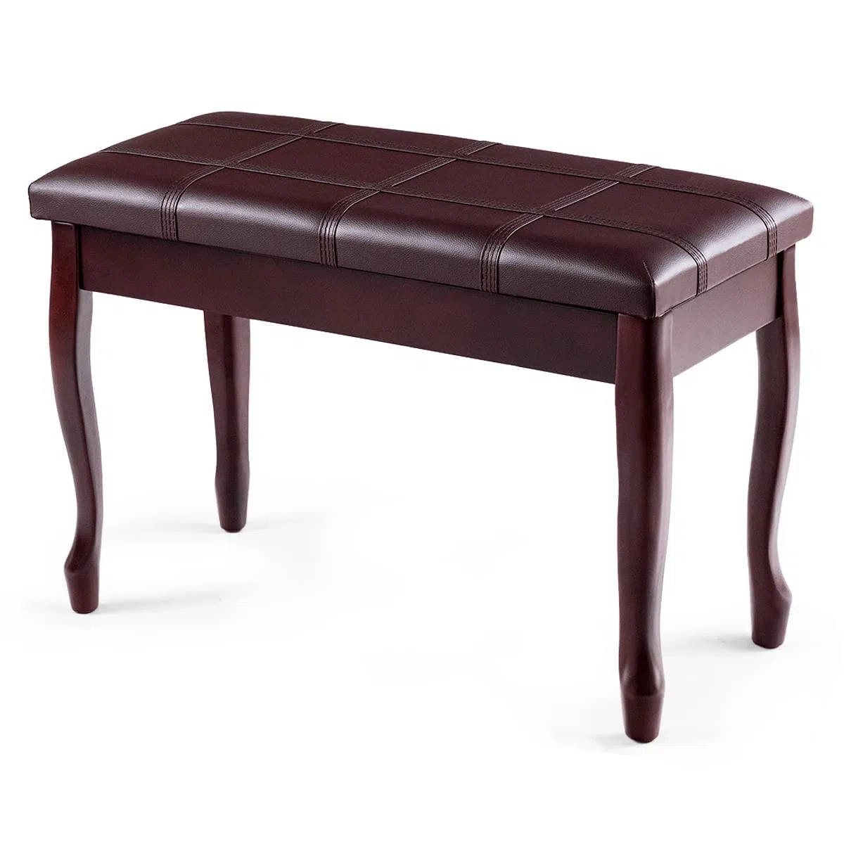 RELAX4LIFE Piano-Bank aus Massivholz, Klavierhocker mit gepolstertem Sitz aus Kunstleder, Klavierbank mit Gebogenem Fuß, 2-Sitzer-Bank mit Ablagefach, bis 160 kg belastbar, 75 x 35 x 49 cm (Braun)