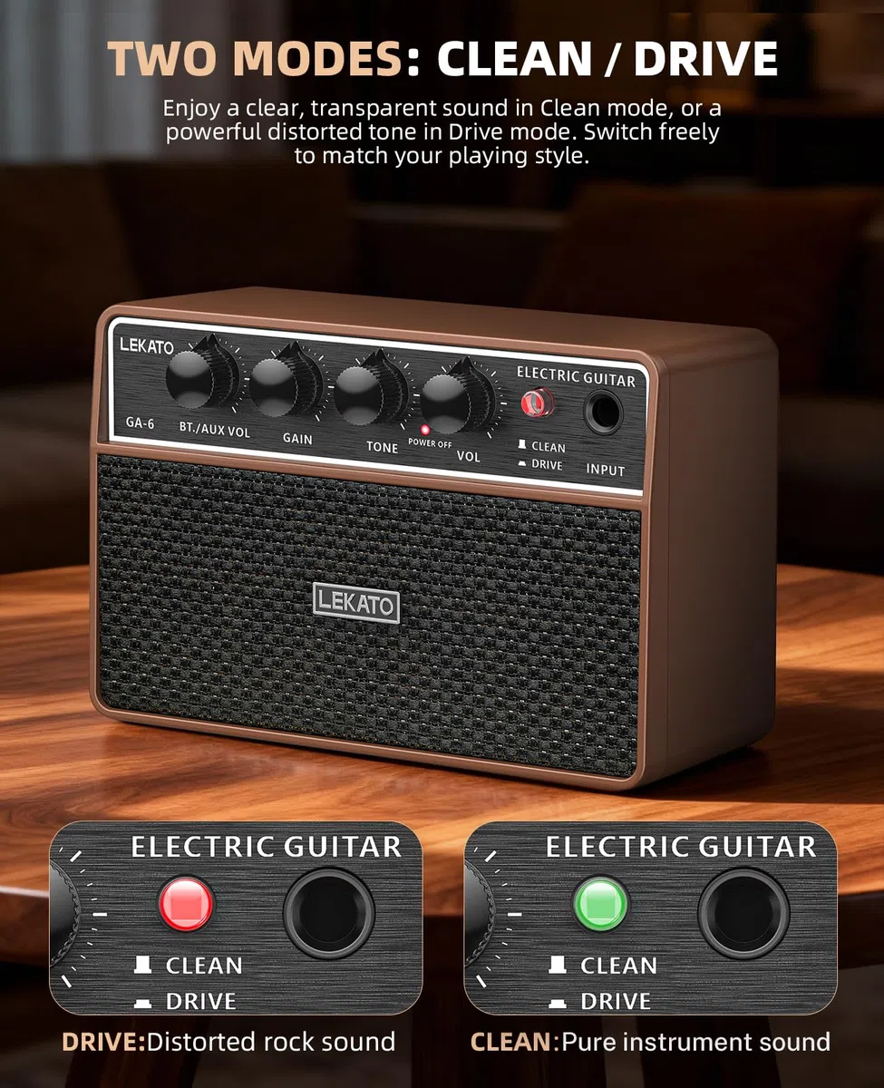 Mini-Gitarrenverstärker, LEKATO 10 W tragbarer Gitarrenverstärker mit Clean-/Overdrive-Kanälen, Bluetooth, Kopfhörerausgang und 6-Stunden-Akku, für das Üben zu Hause und Musikpartys