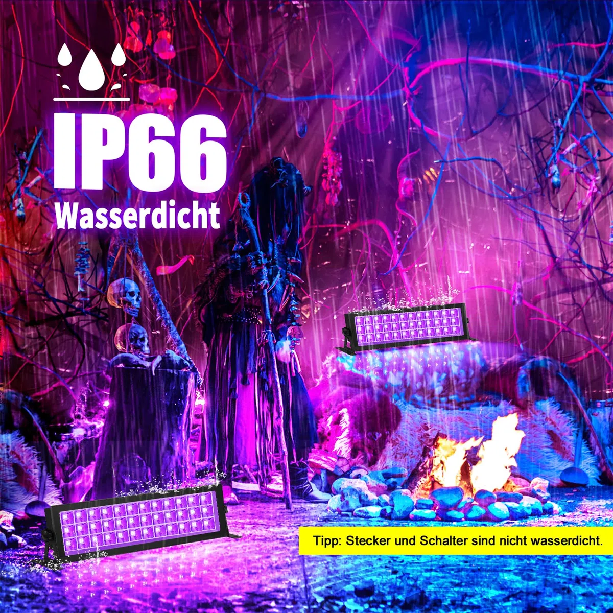 100W Schwarzlicht LED, UV Schwarzlichtlampe mit Stecker IP66 Wasserdicht UV Strahler Außen, Fluoreszenz Blacklight Partylicht mit Schalter für Halloween Aquarium Bar Neonfarben Disco