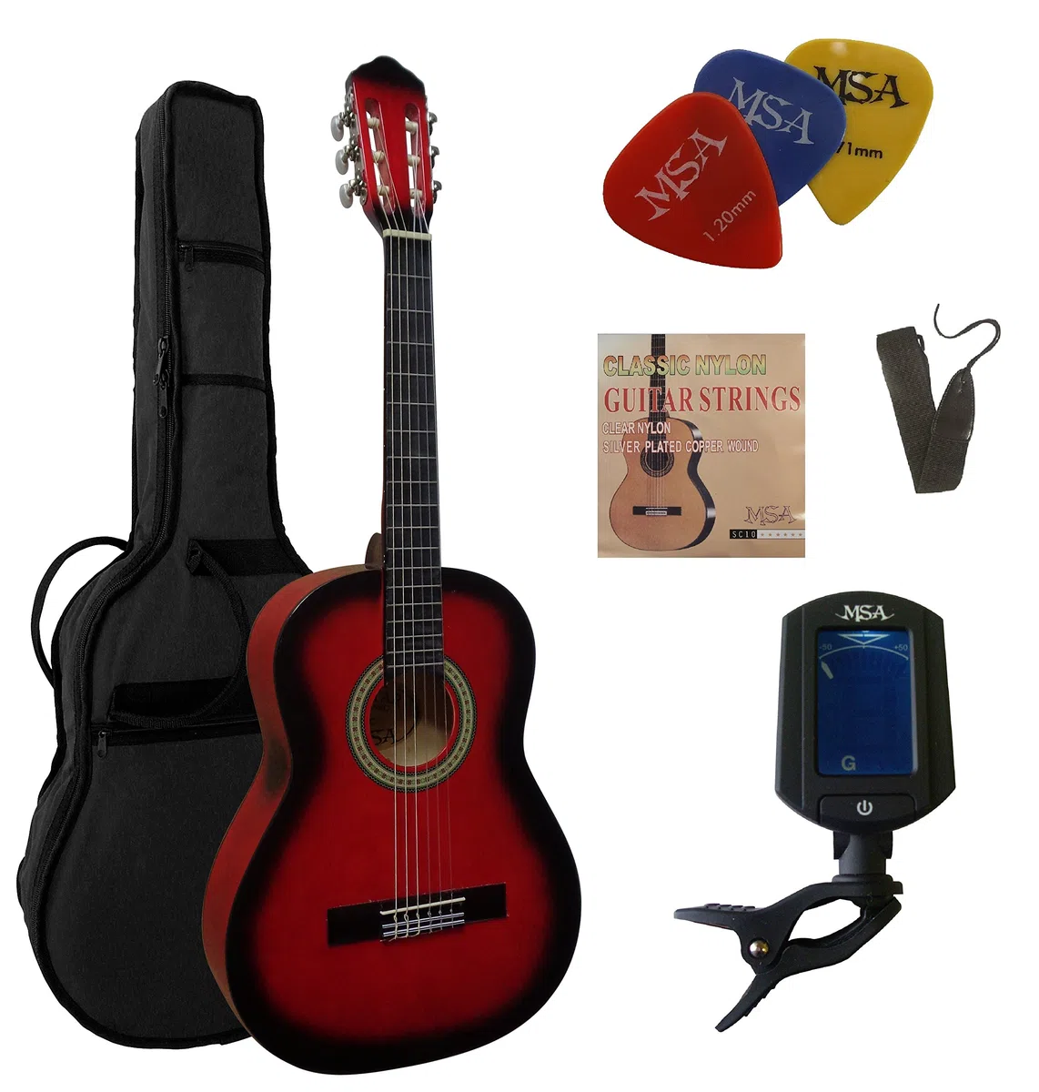 3/4 GITARRE - KONZERTGITARRE IM SET - CLASSIC - ROT-SCHATTIERT - DECKE LINDENHOLZ - TASCHE - BAND - SAITEN - 3xPIK - STIMMGERÄT ET33B - C4