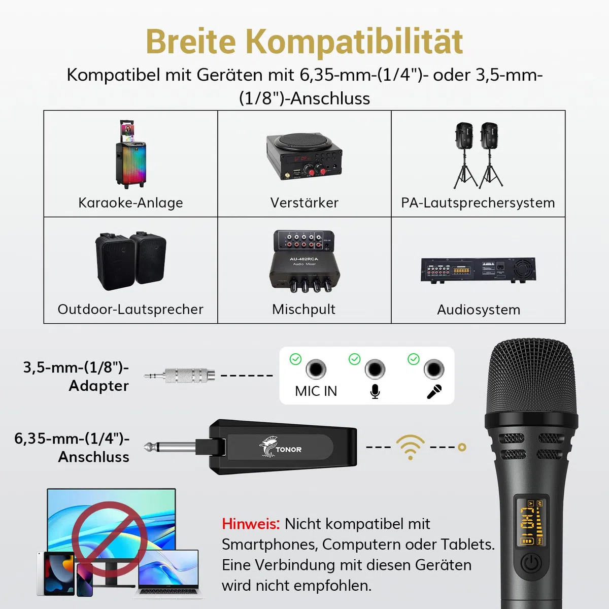 TONOR Kabellose Mikrofone, UHF Duales Karaoke Mikrofon Set mit wiederaufladbarem Empfänger, Kabelloses dynamisches Mikrofon, 60 m Mikrofon-Set für Singen, Hochzeiten, Party, Ansprachen TW320 Grau