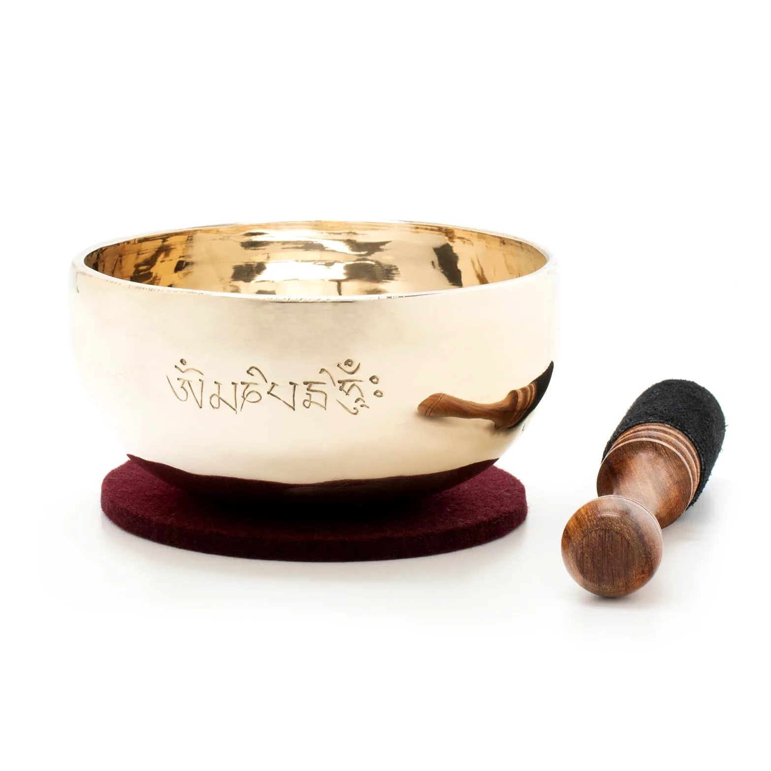 Tibetische Klangschale 300–350 g mit Mantra-Gravur – Handgeschmiedet & hochglanzpoliert – Für Meditation, Yoga & Entspannung – Fair Trade aus Nepal – Inkl. Klöppel & Filzpad
