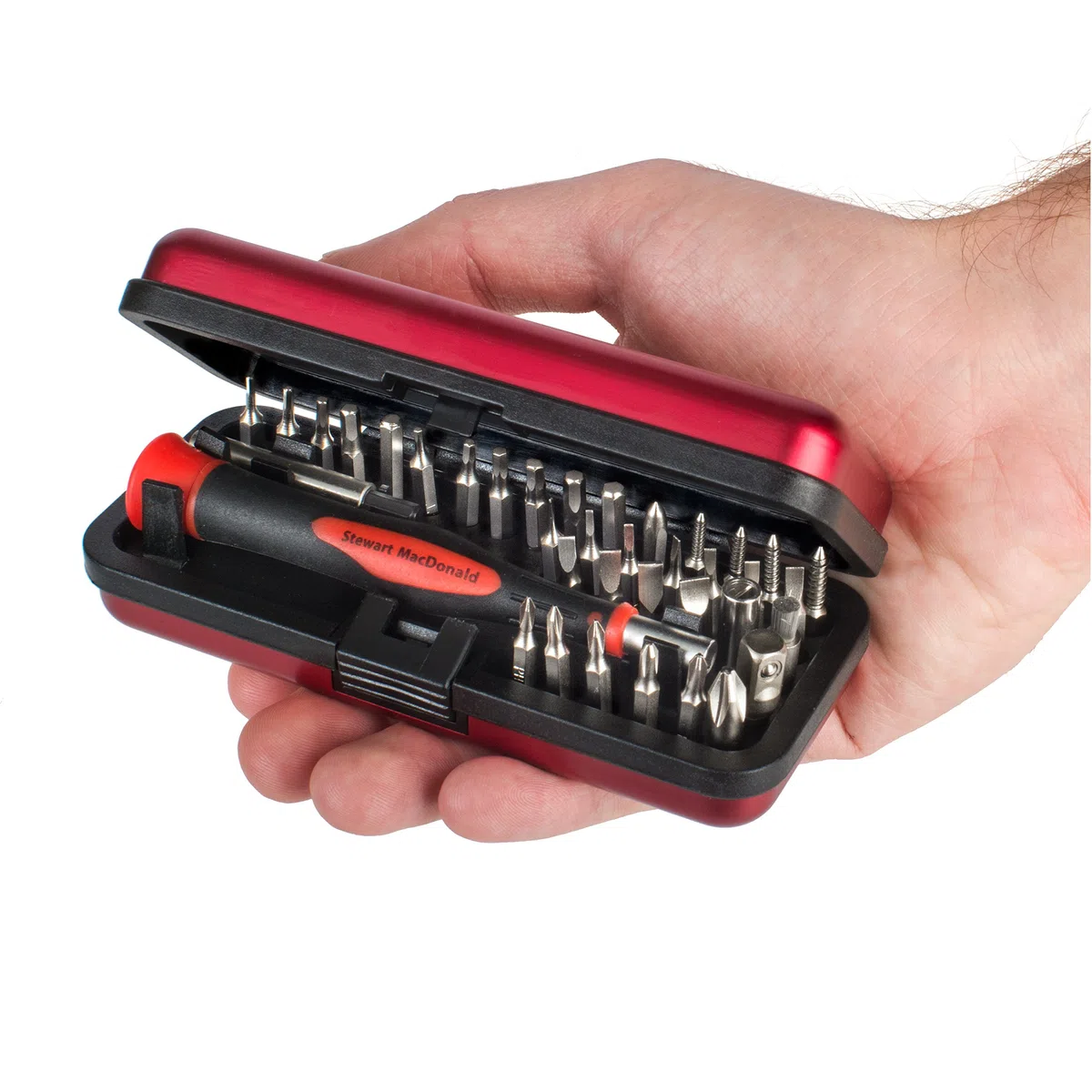 StewMac Guitar Tech Schraubendreher-Set – 36-teiliges Bit-Set für Gitarren-Hardware – Kompakter No-Spill Case – Magnetischer Griff mit Extender – Professionelles Gitarrenbauer- & Reparaturwerkzeug-Set