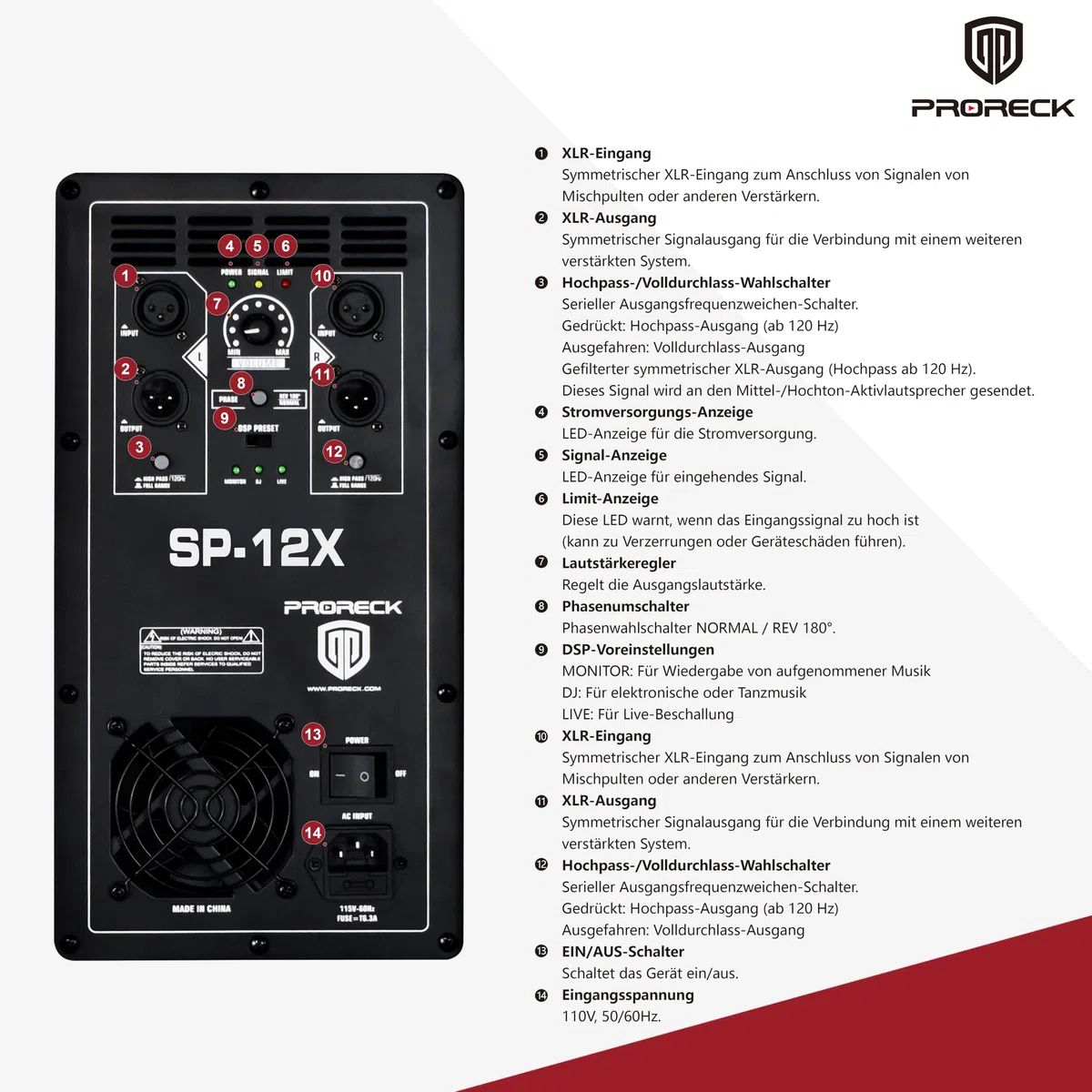 PRORECK SP-12X Aktiver PA-DJ-Subwoofer 12 Zoll 1000W PMPO mit Class-D-Verstärker, 3 DSP-Voreinstellungen (Monitor/Bassverstärkung), Schwarz für Hochzeiten/Partys/Konzerte/Kirchen (1 Subwoofer)