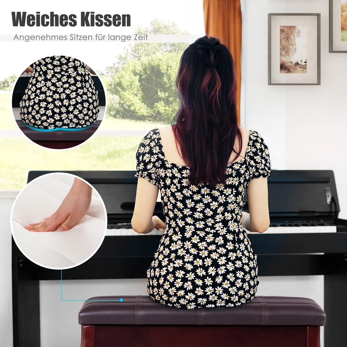 RELAX4LIFE Piano-Bank aus Massivholz, Klavierhocker mit gepolstertem Sitz aus Kunstleder, Klavierbank mit Gebogenem Fuß, 2-Sitzer-Bank mit Ablagefach, bis 160 kg belastbar, 75 x 35 x 49 cm (Braun)