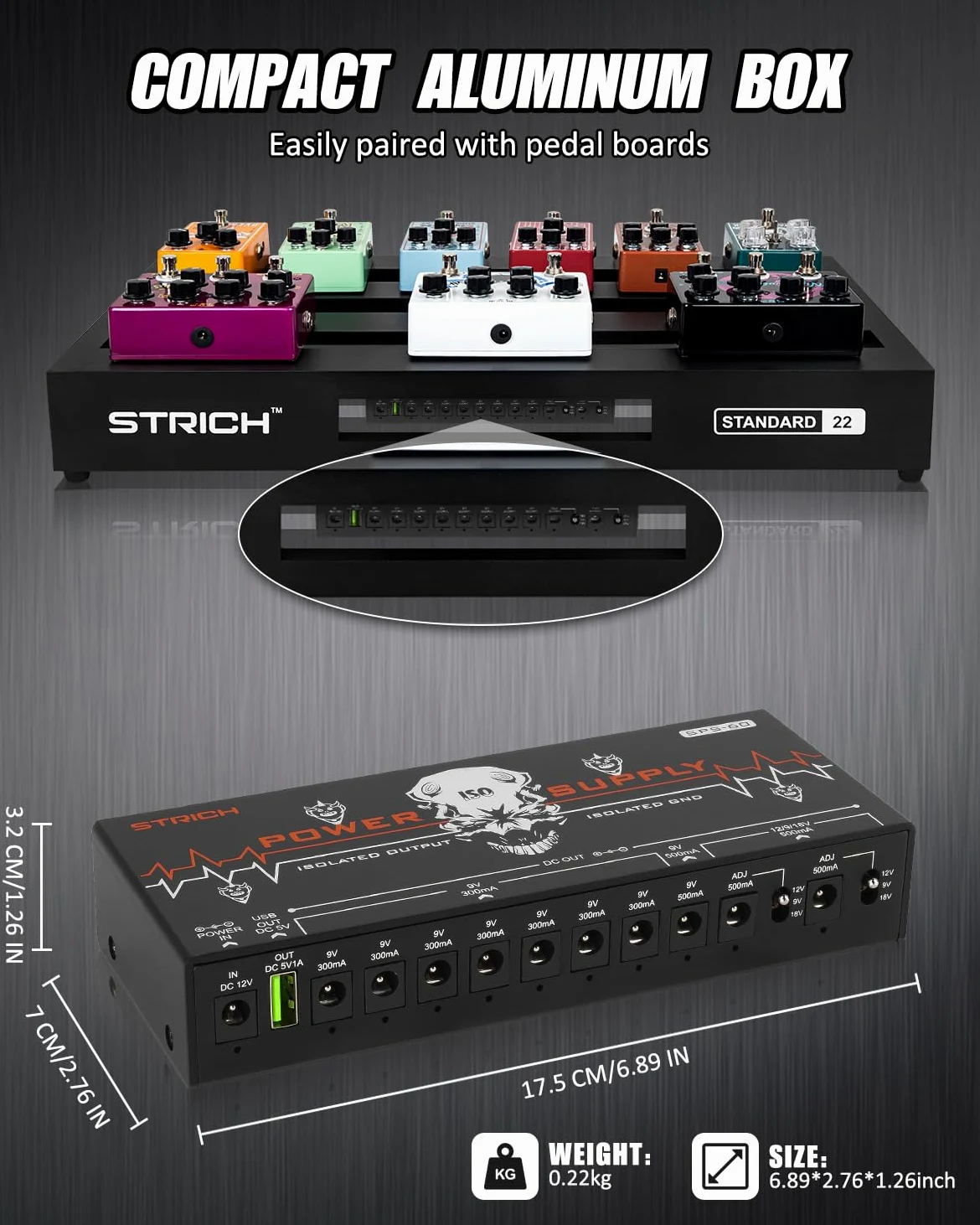 STRICH SPS-60 Netzteil für Gitarrenpedale, 10 vollständig unabhängige DC-Ausgänge, Netzteil für Pedalboard mit 9V/12V/18V (300mA/500mA), Hochleistungsversorgung für Gitarrenpedale, rückwirkungsfrei
