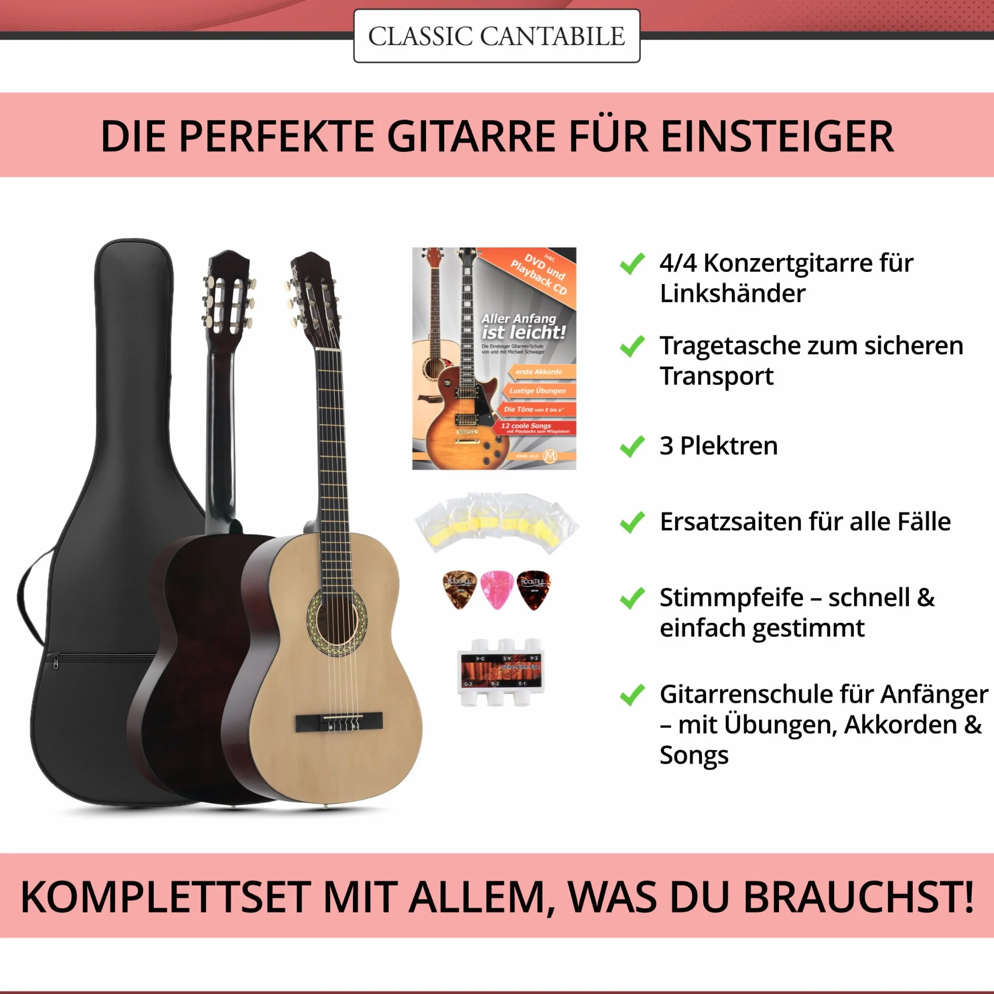 Classic Cantabile AS-851 Linkshänder Konzertgitarre 4/4 Starter Set (6 Saiten, Lindenholz, Griffbrett: Blackwood, Zubehörset inkl. Tasche, Schule, Stimmpfeife, Nylonsaiten) natur