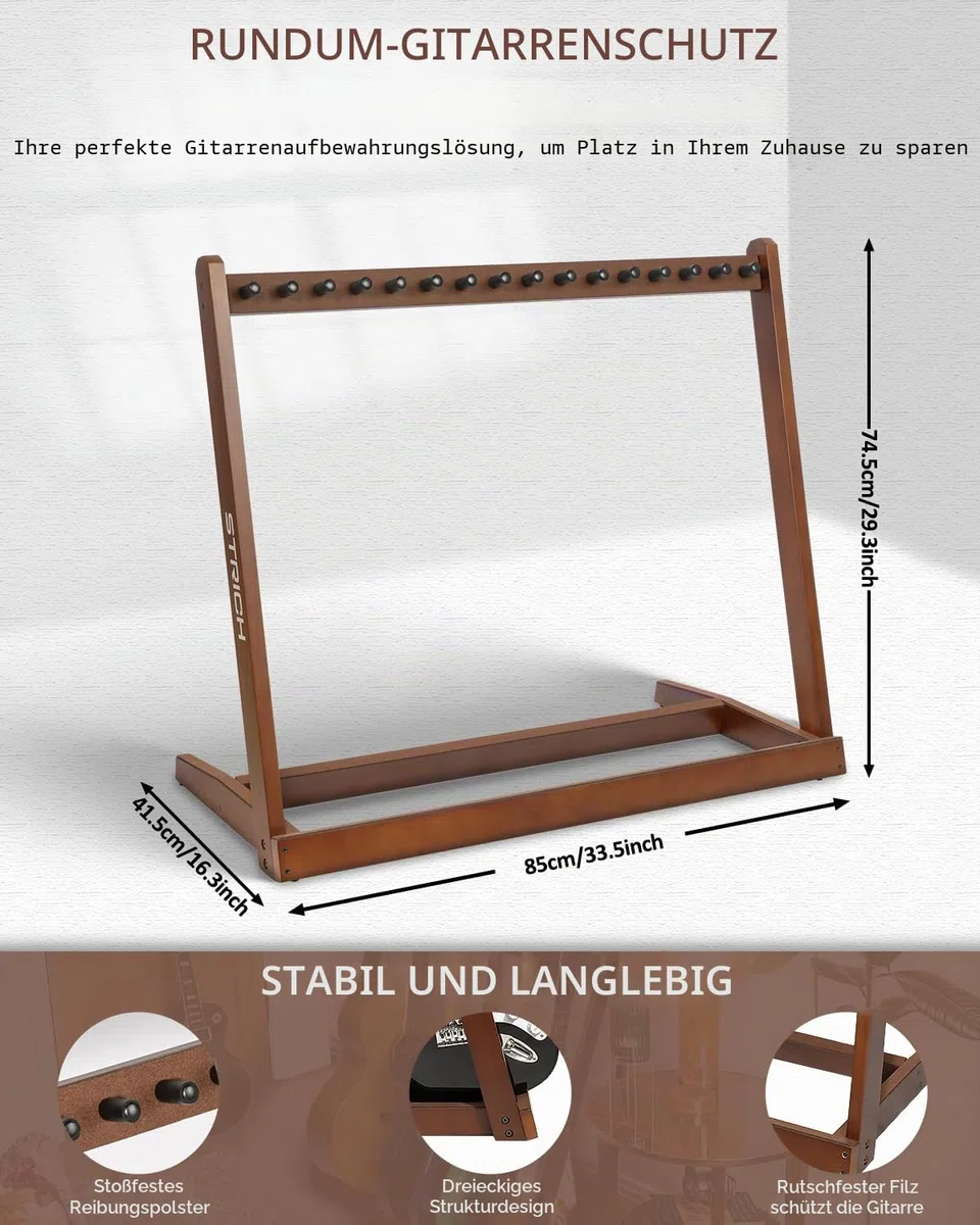 STRICH Gitarrenständer aus Holz – Mehrfachständer für 5 Akustik- oder 8 E-Gitarren & Bässe, Stabiles Gitarren-Rack für Studio & Zuhause, Schonende Polsterung, SMT-10 (8er-Halter)
