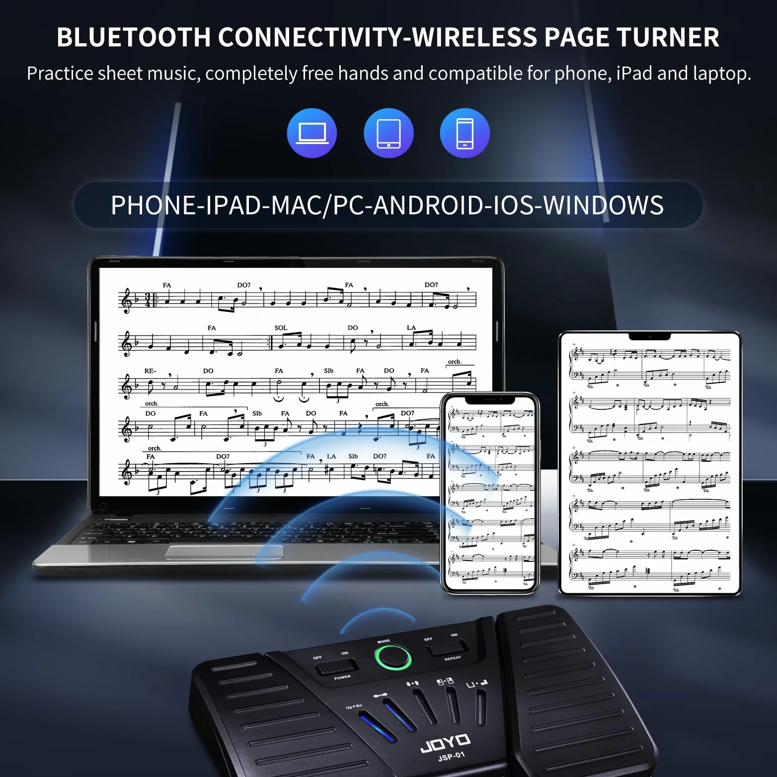 JOYO Bluetooth-Seitenwender-Pedal, wiederaufladbar, kabellos, Seitenumblätter-Fußpedal, Notenlese-Controller für Tablets, Telefone, iPad (SP-01)
