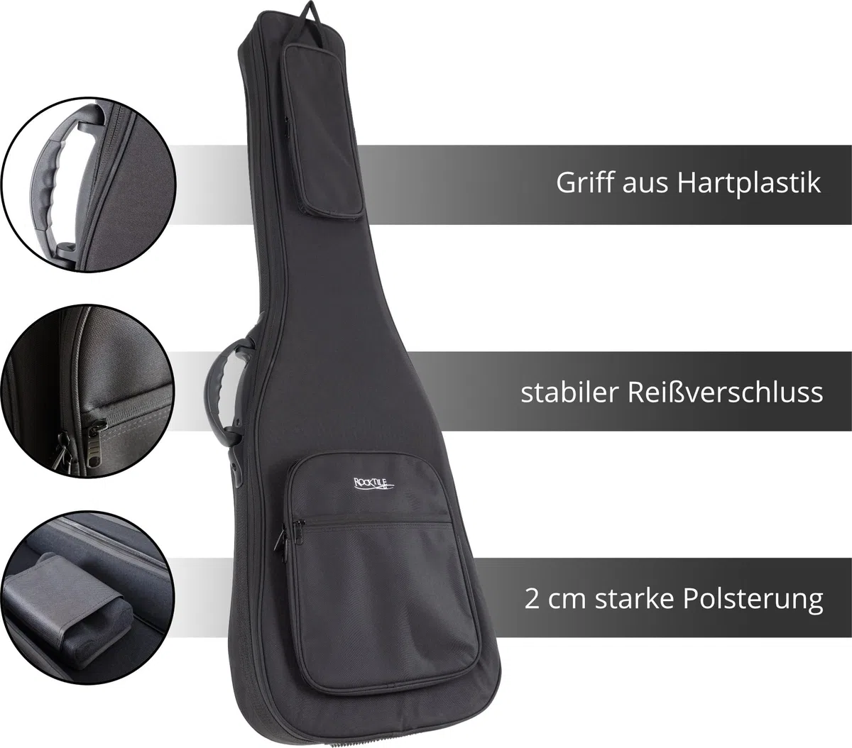 ROCKTILE EBSC-2124BK Softcase für E-Bass - Dick gepolsterter Gigbag - Verstellbare Halsstütze - DREI große Außentaschen - Schützt vor Feuchtigkeit & Staub - versenkbare Rucksackgarnitur - Schwarz