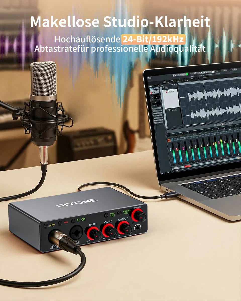 Audio-Interface, 2X2 24-Bit/192kHz Interface für High-Fidelity & Studioqualität, PC/Mac/iOS-Aufnahmen, XLR/TRS-Kombieingang, Monitor-Mix/Loopback-Funktion, Ein-Kabel-Lösung (Aluminium-Grau)