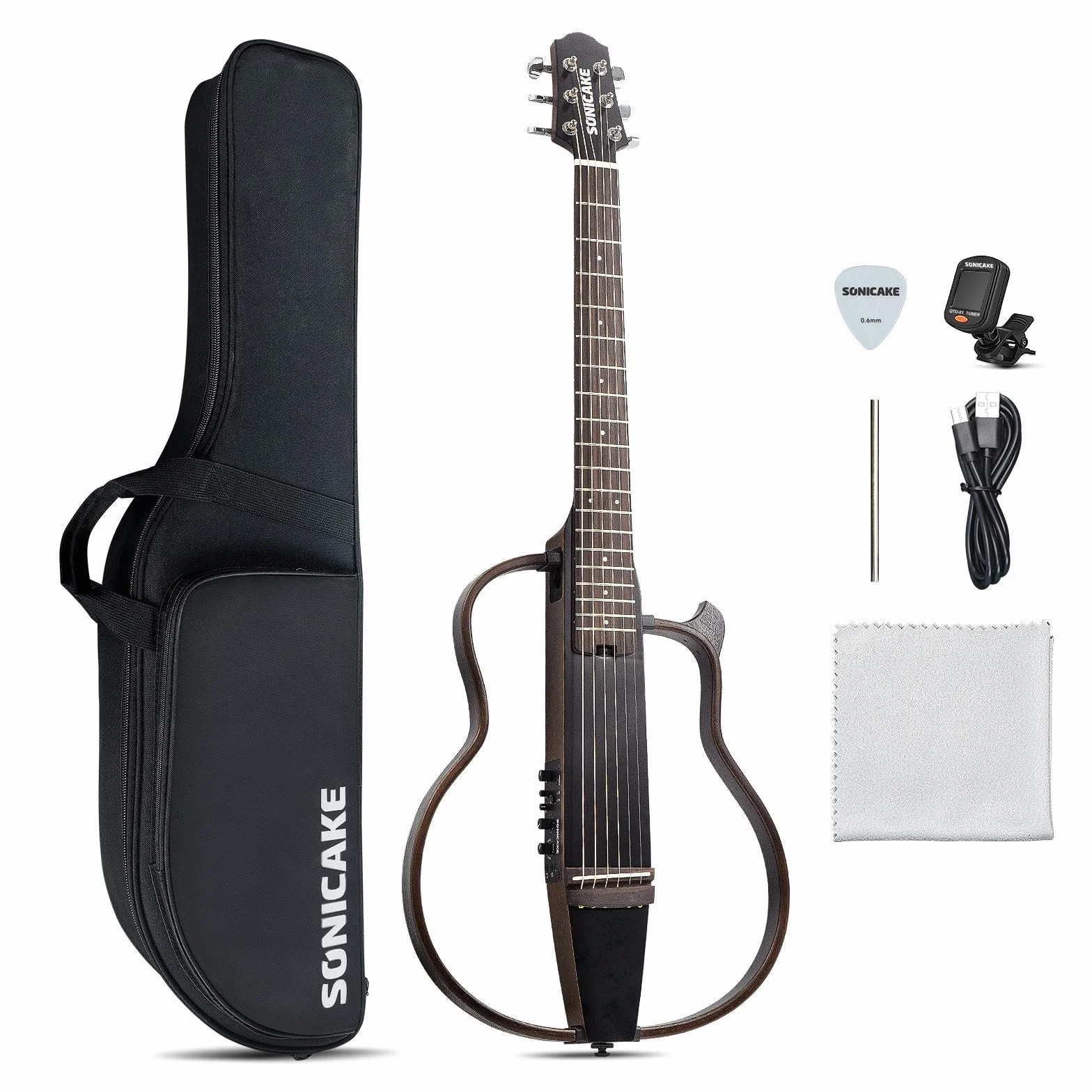 SONICAKE Elektro Akustische Gitarre Tragbarer Korpus aus massivem Mahagoni, Einfach zu montierende Rahmen, Multi Korpus Form Sim Preamp, Gigbag und Zubehör QGT-01