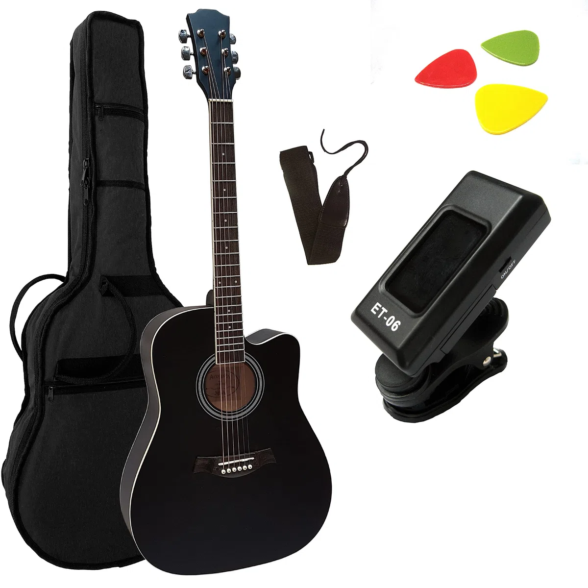 4/4 WESTERNGITARRE MIT CUTAWAY - SET - AKUSTIKGITARRE - SCHWARZ - STAHLSAITEN - LINDENHOLZ - TASCHE - STIMMGERÄT