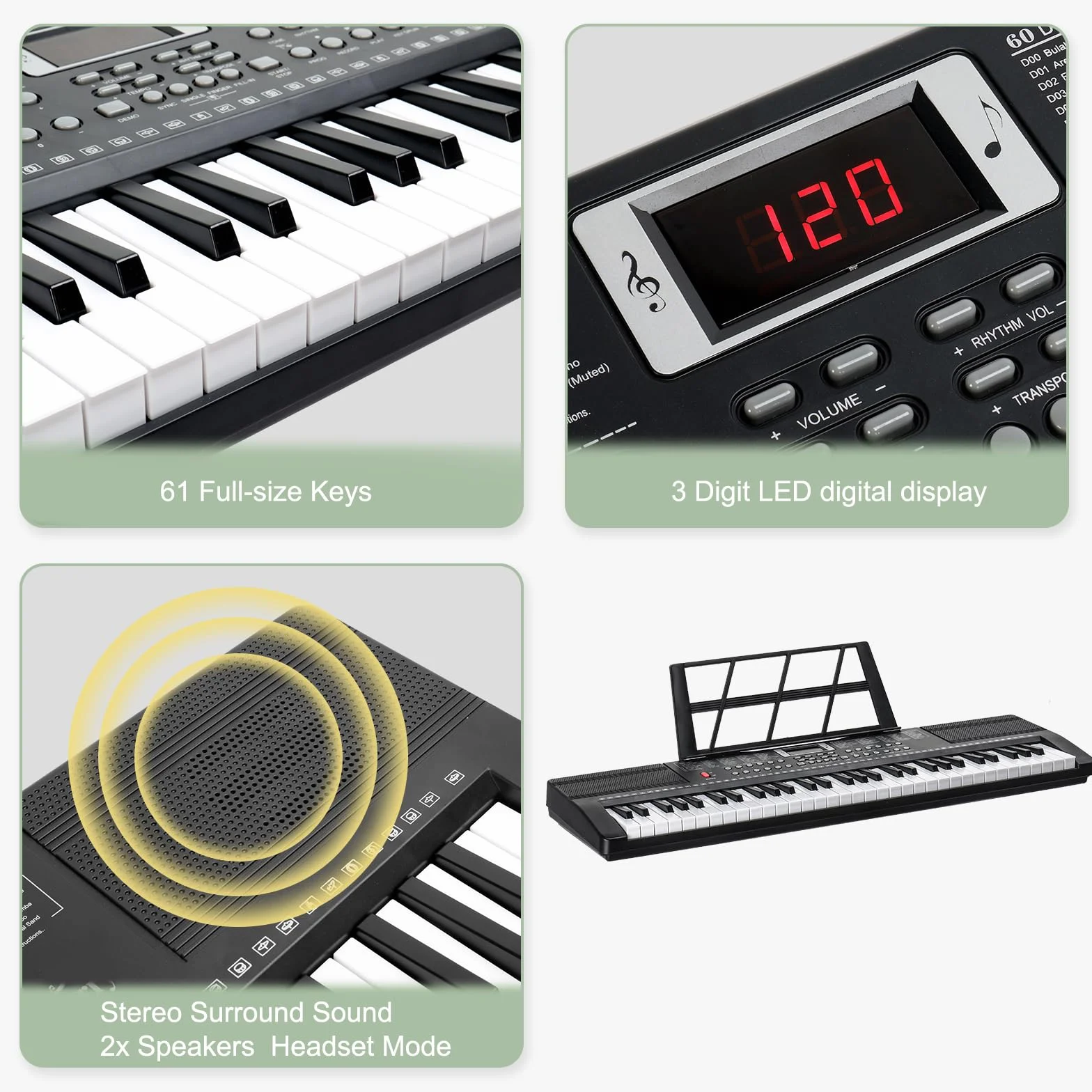 LEADZM Keyboard Piano 61 Tasten, Digital Piano mit Keyboardständer, Klavierbank, Notenständer, Kopfhörer, Mikrofon, LED-Bildschirm, 3 Lernmodi für Anfänger